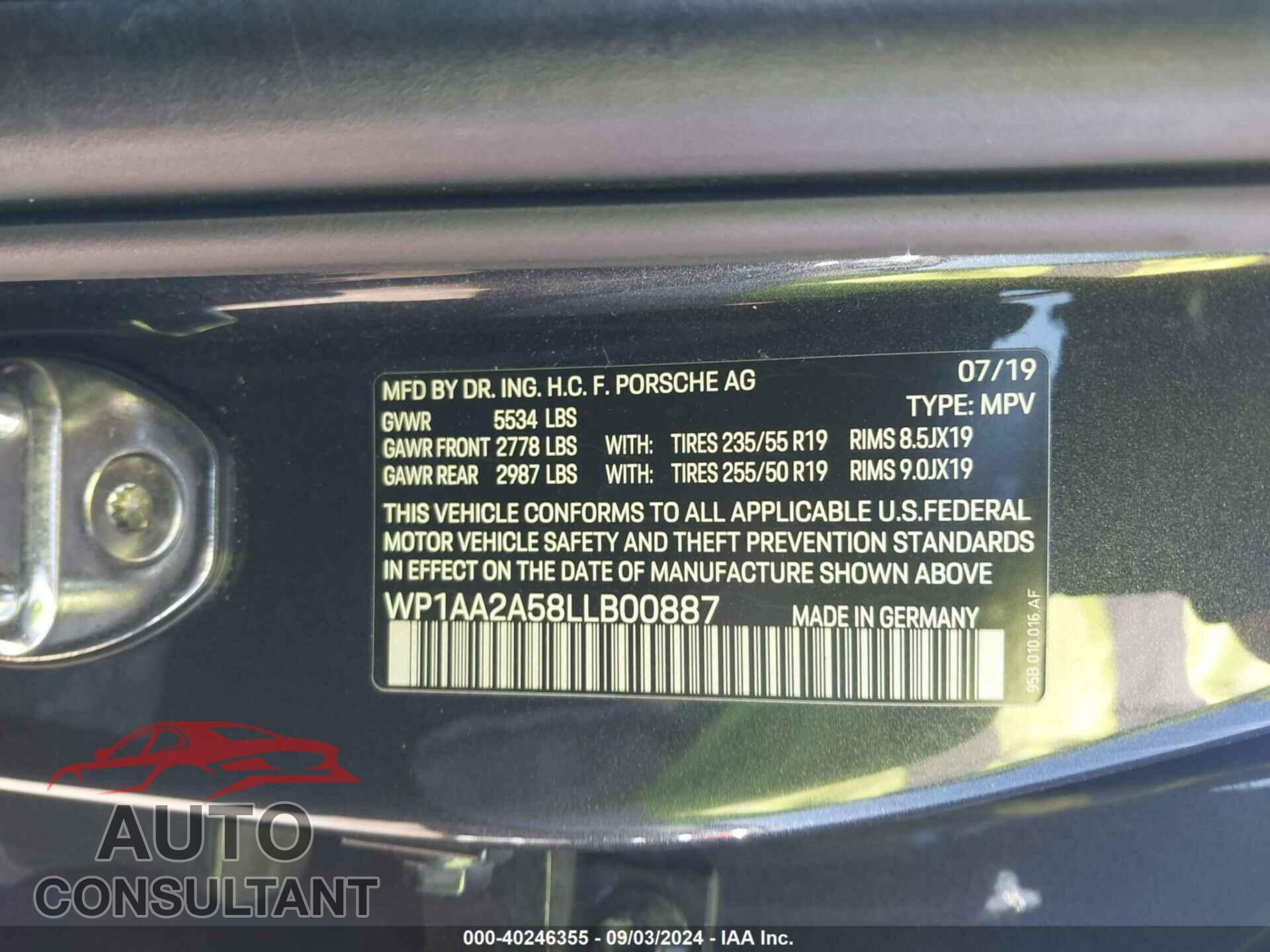 PORSCHE MACAN 2020 - WP1AA2A58LLB00887