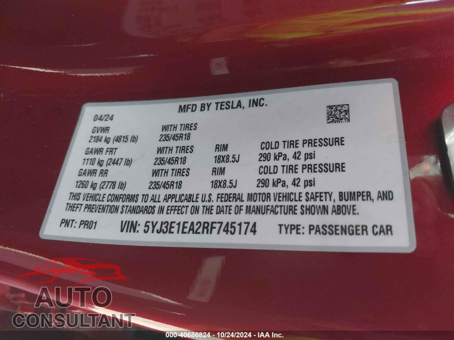 TESLA MODEL 3 2024 - 5YJ3E1EA2RF745174