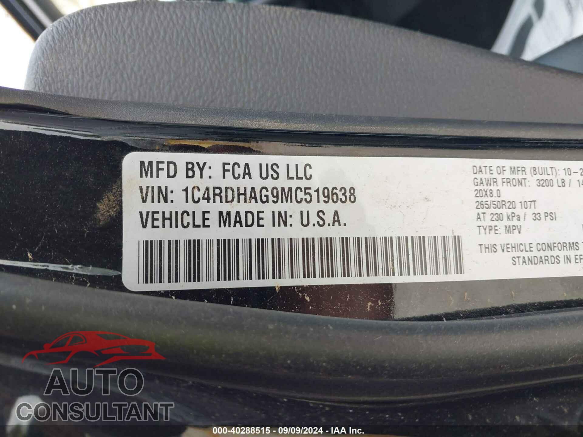 DODGE DURANGO 2021 - 1C4RDHAG9MC519638