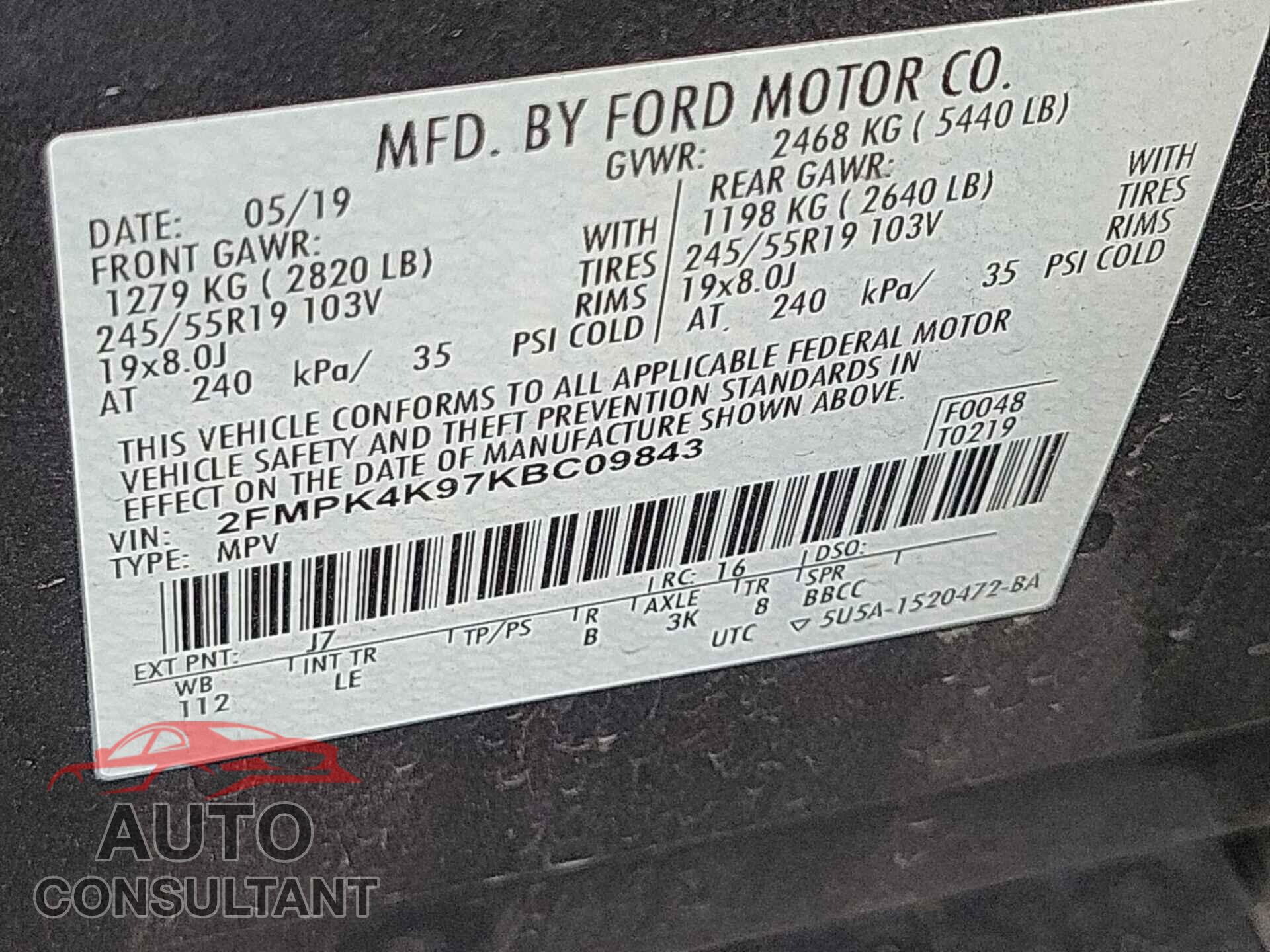 FORD EDGE 2019 - 2FMPK4K97KBC09843