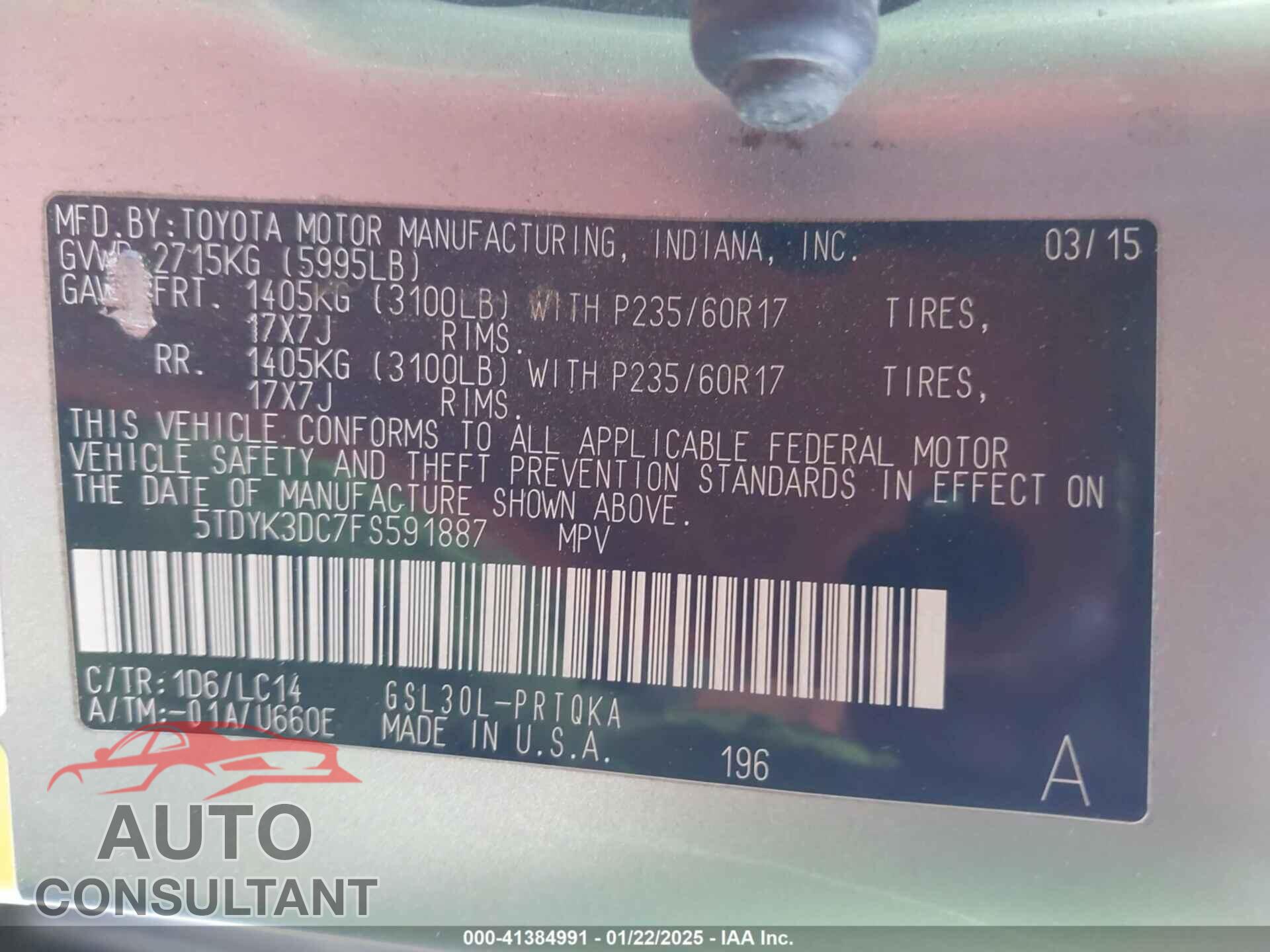 TOYOTA SIENNA 2015 - 5TDYK3DC7FS591887