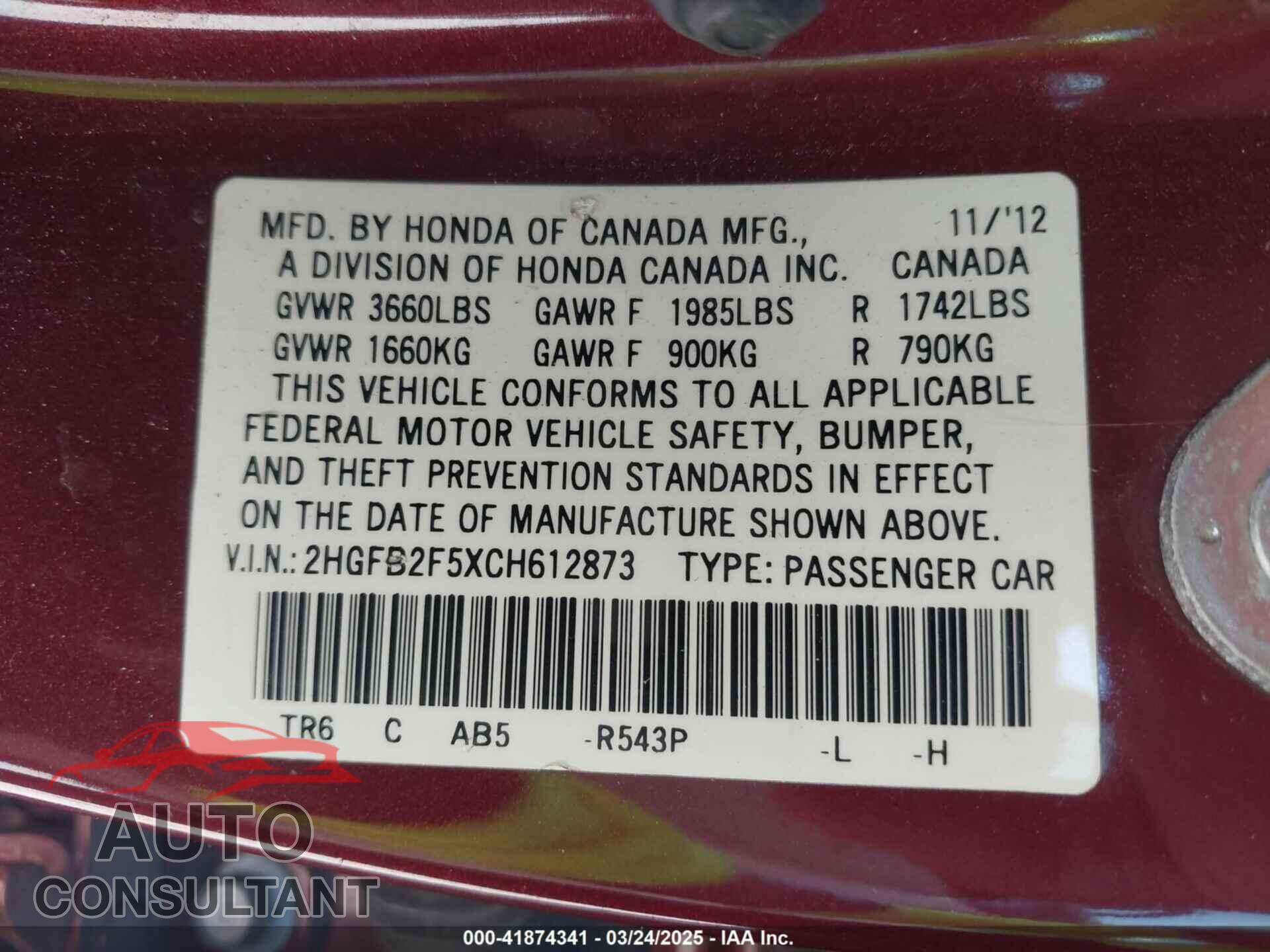HONDA CIVIC 2012 - 2HGFB2F5XCH612873