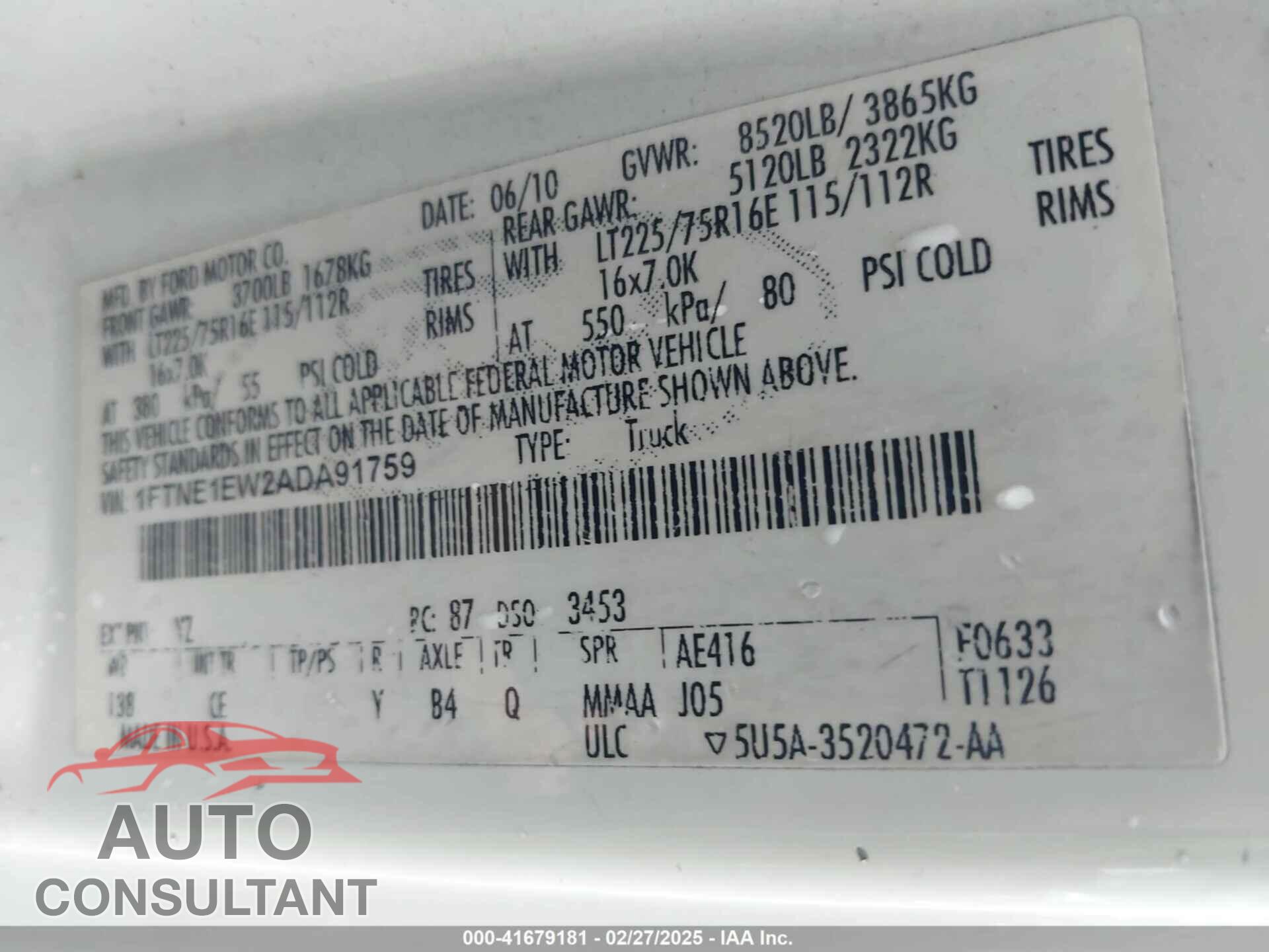FORD E-150 2010 - 1FTNE1EW2ADA91759