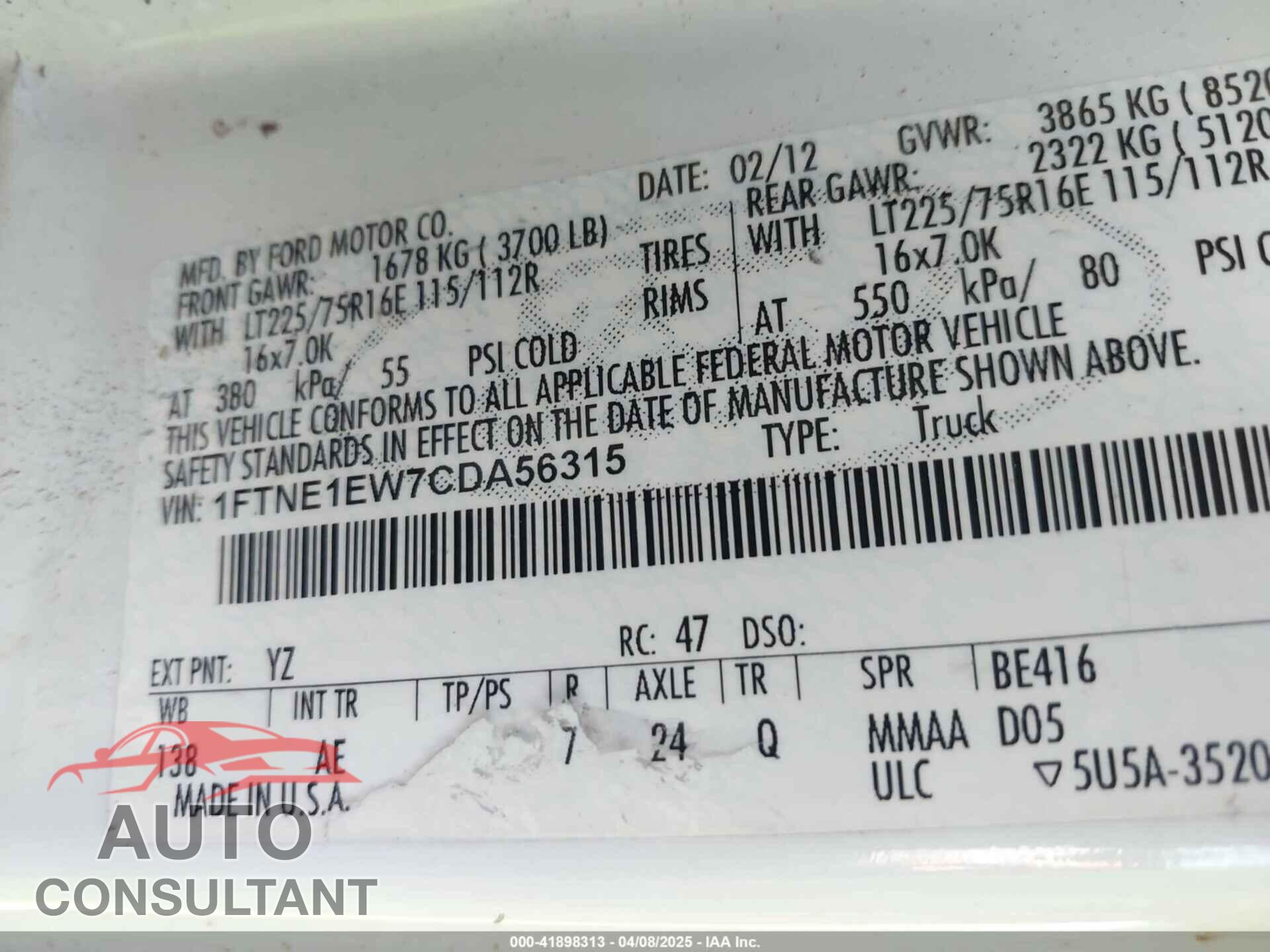 FORD E-150 2012 - 1FTNE1EW7CDA56315