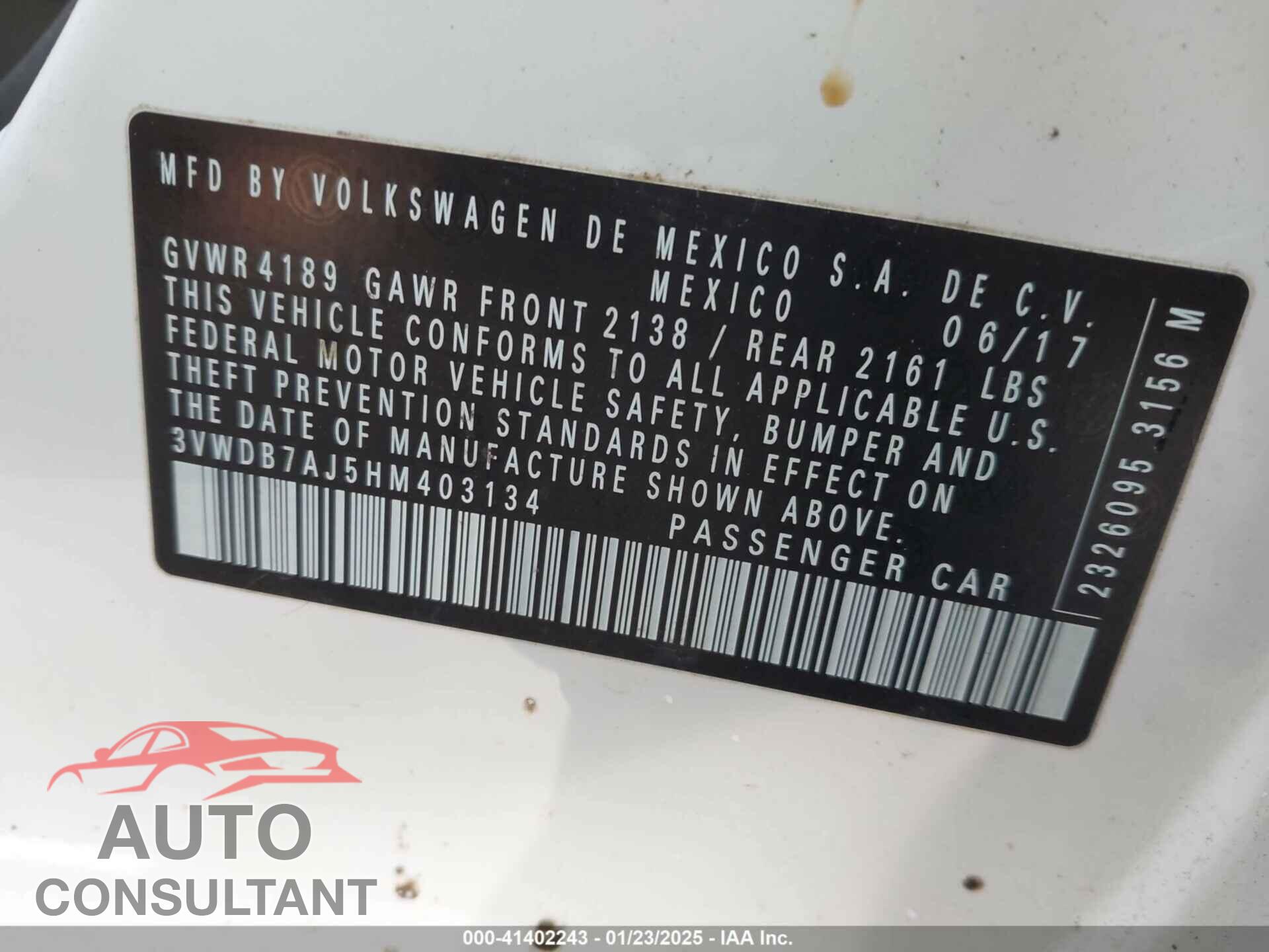 VOLKSWAGEN JETTA 2017 - 3VWDB7AJ5HM403134