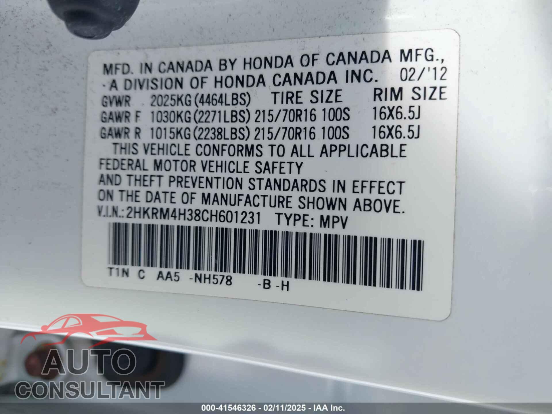 HONDA CR-V 2012 - 2HKRM4H38CH601231