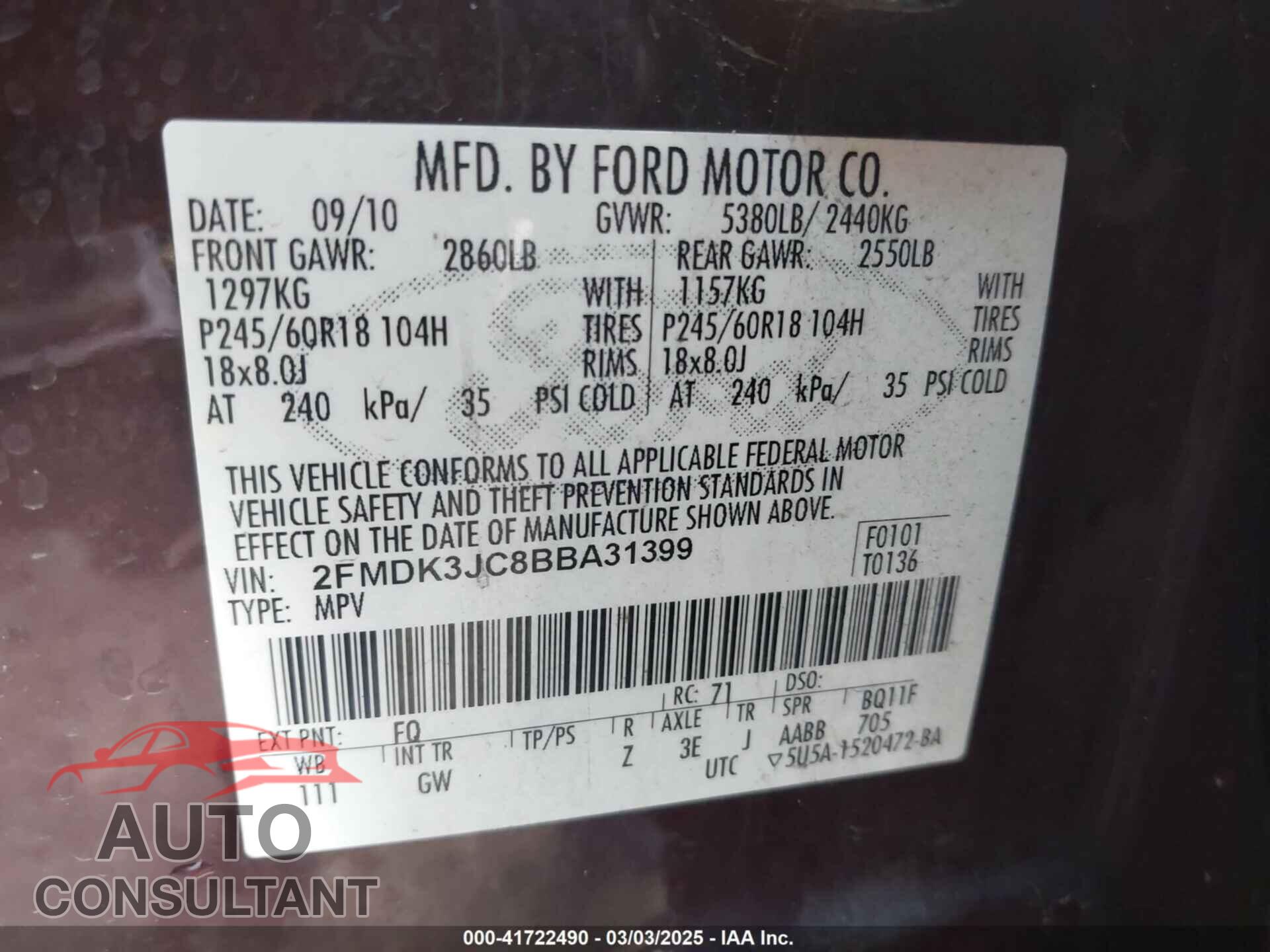 FORD EDGE 2011 - 2FMDK3JC8BBA31399