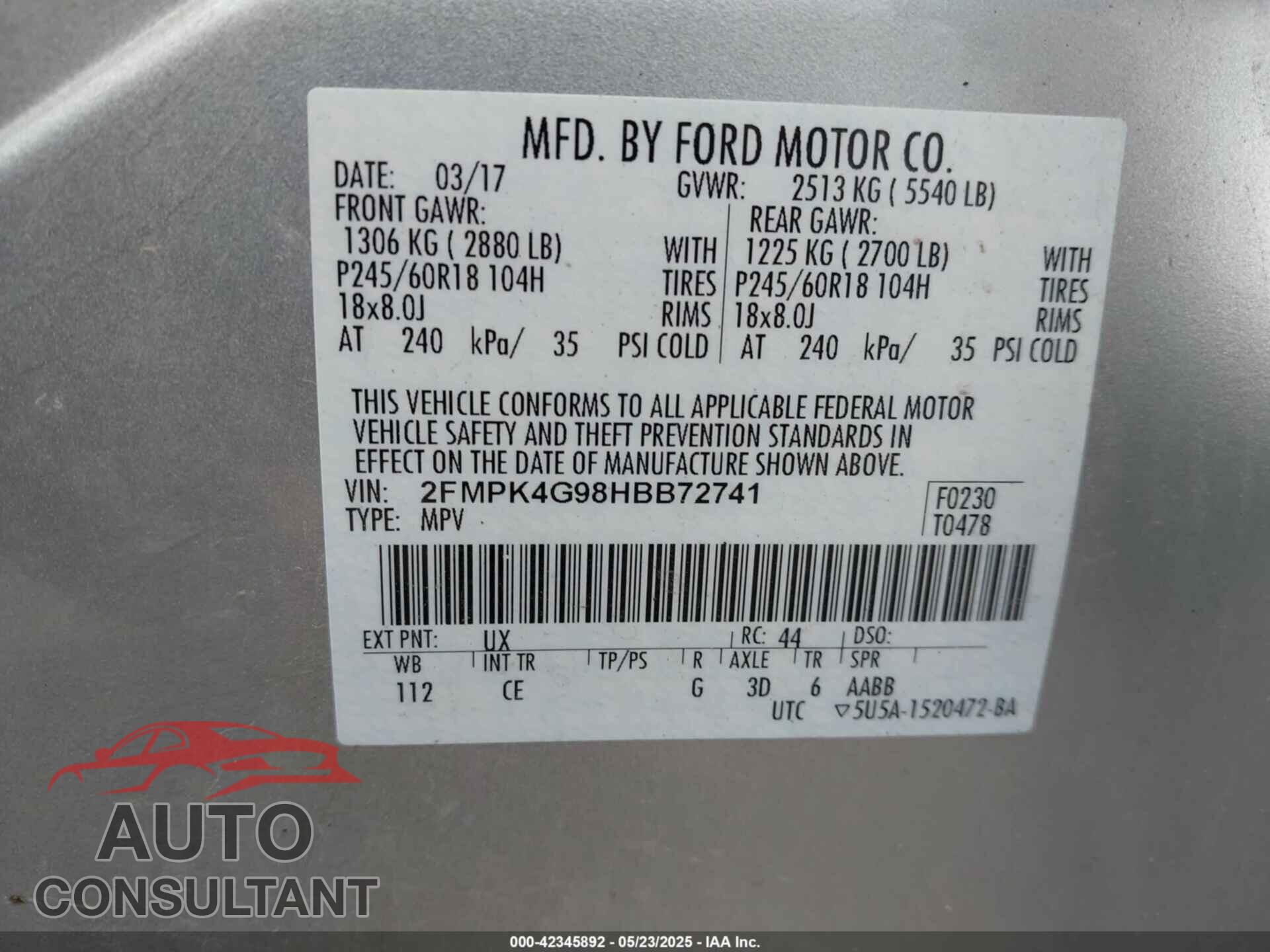 FORD EDGE 2017 - 2FMPK4G98HBB72741