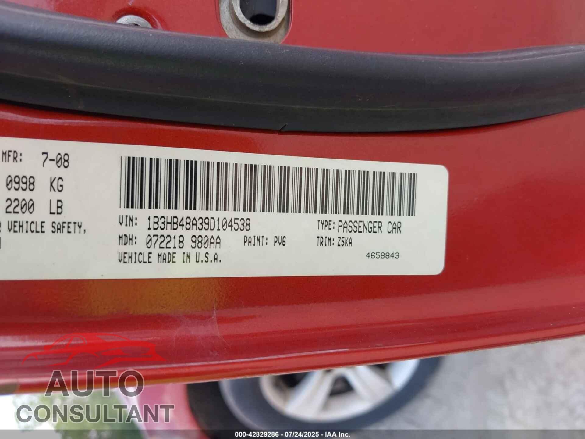 DODGE CALIBER 2009 - 1B3HB48A39D104538