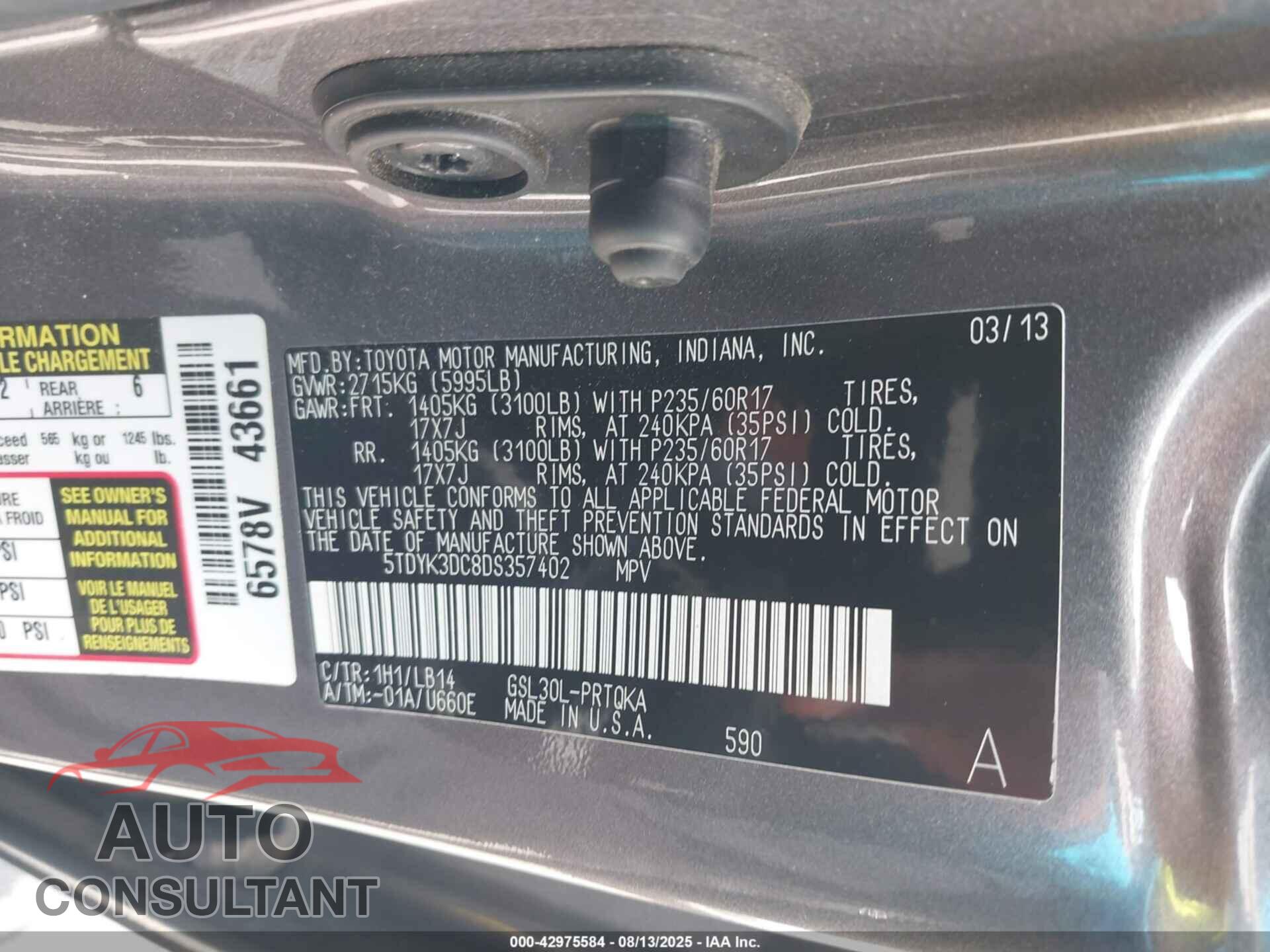 TOYOTA SIENNA 2013 - 5TDYK3DC8DS357402