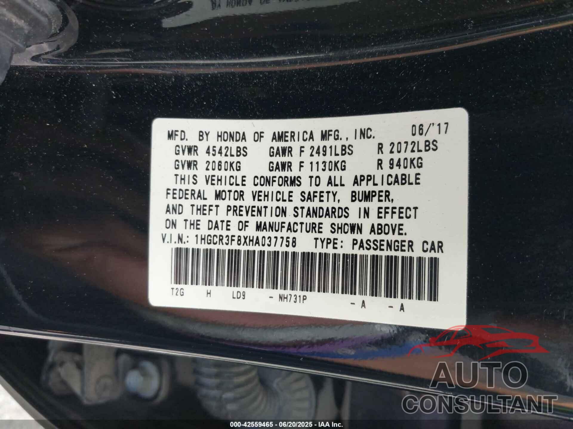 HONDA ACCORD 2017 - 1HGCR3F8XHA037758