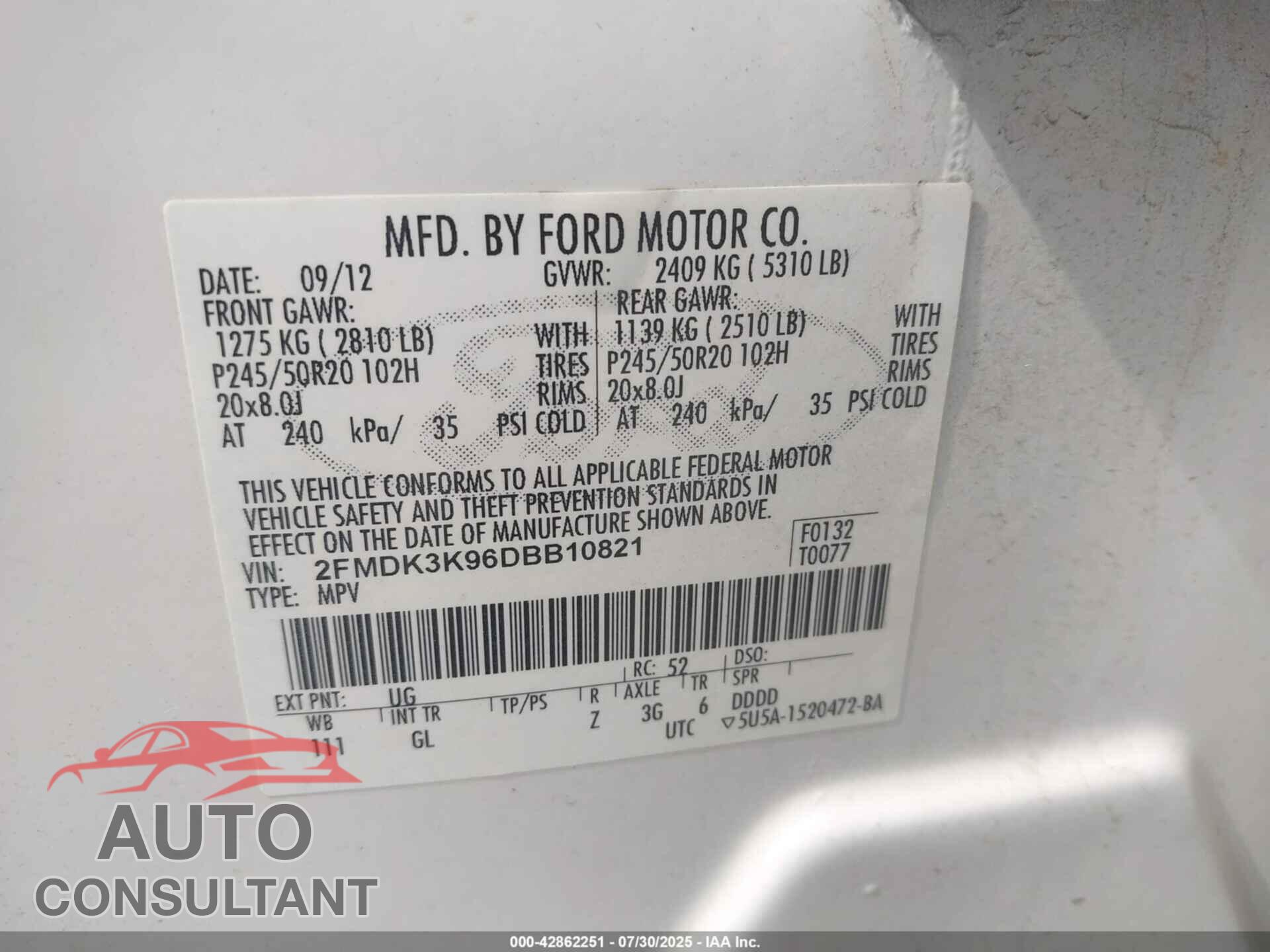 FORD EDGE 2013 - 2FMDK3K96DBB10821