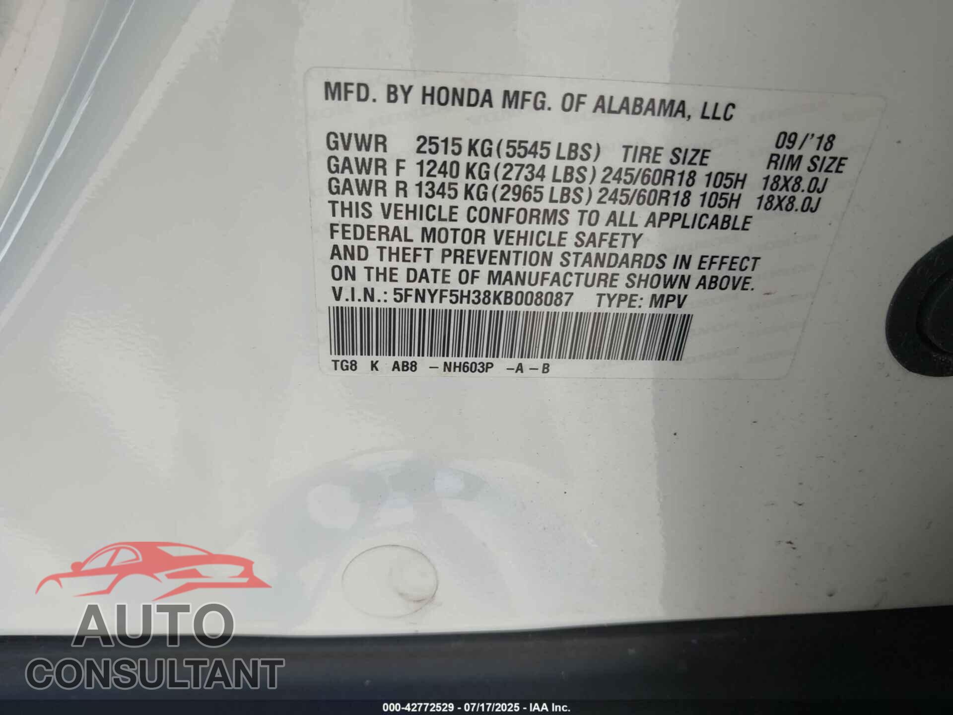 HONDA PILOT 2019 - 5FNYF5H38KB008087