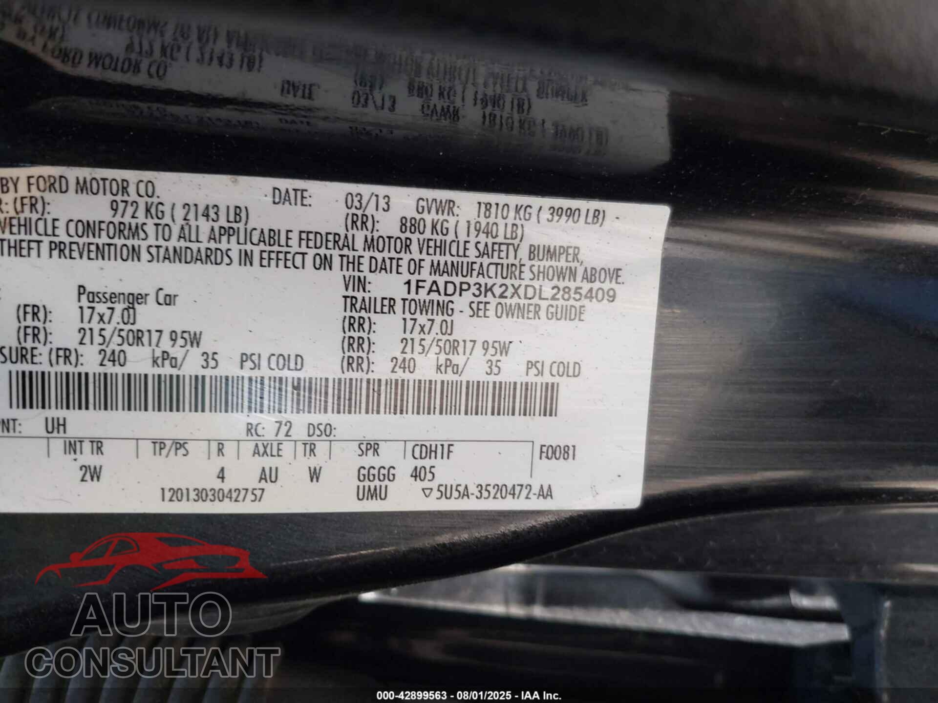 FORD FOCUS 2013 - 1FADP3K2XDL285409