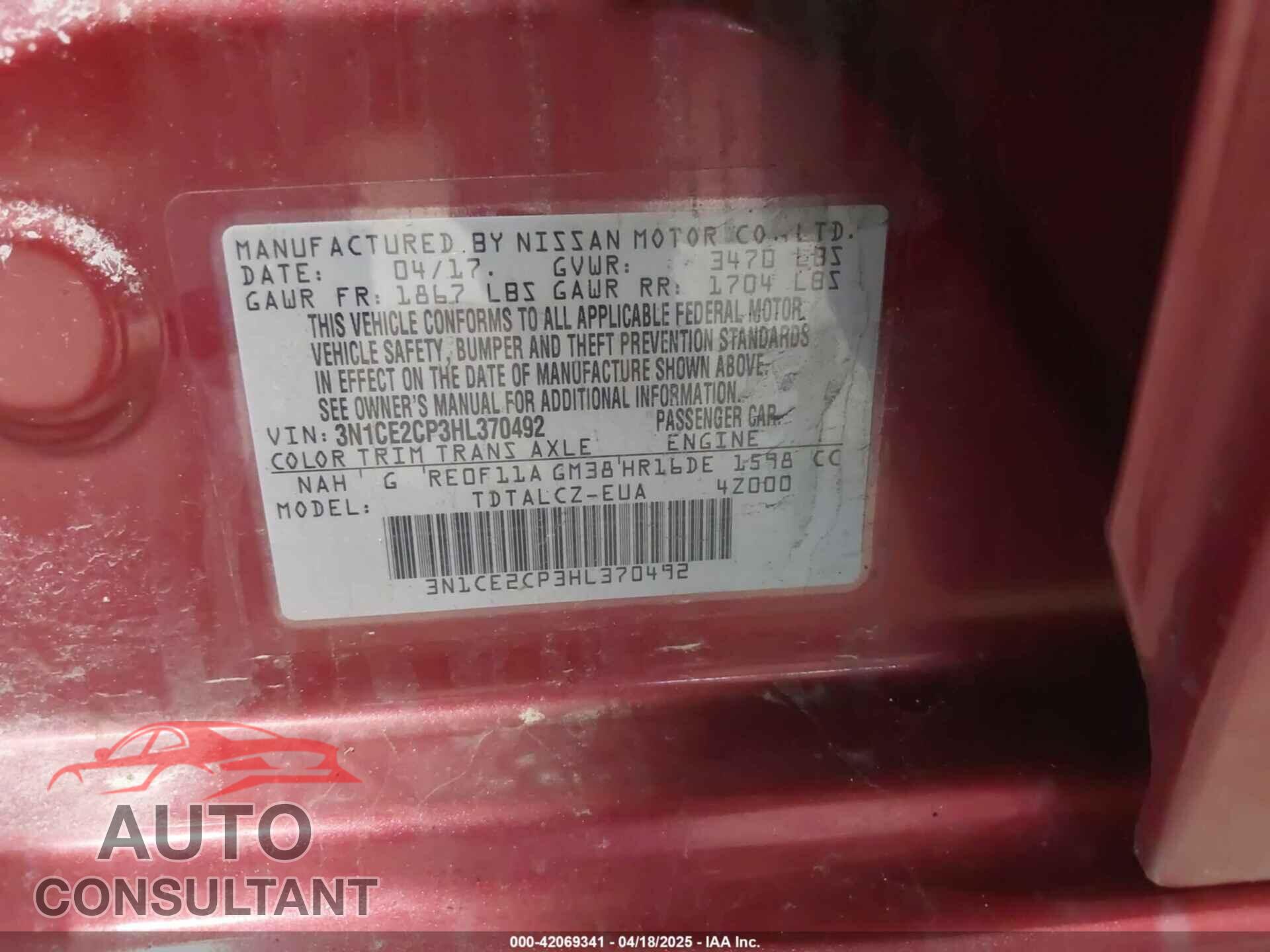 NISSAN VERSA NOTE 2017 - 3N1CE2CP3HL370492