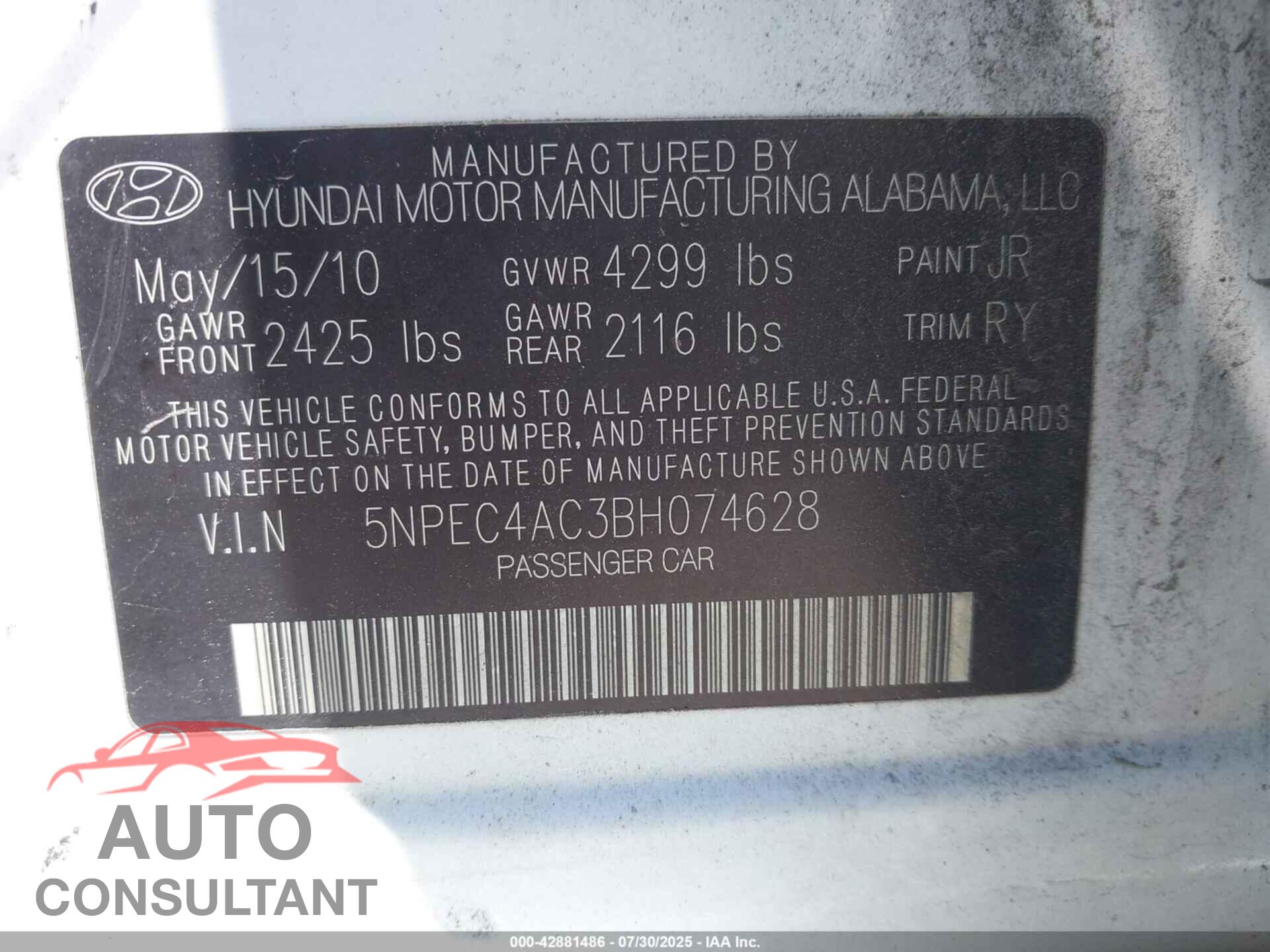 HYUNDAI SONATA 2011 - 5NPEC4AC3BH074628