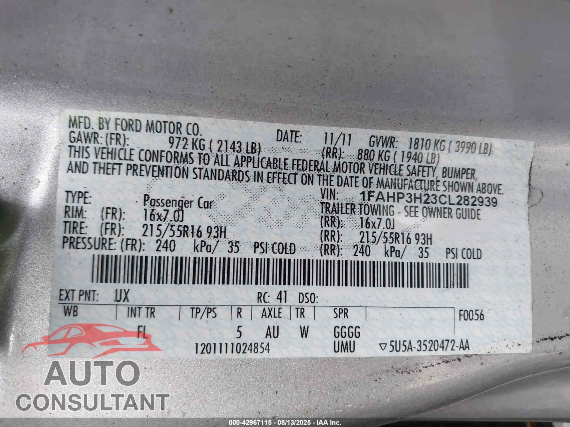 FORD FOCUS 2012 - 1FAHP3H23CL282939