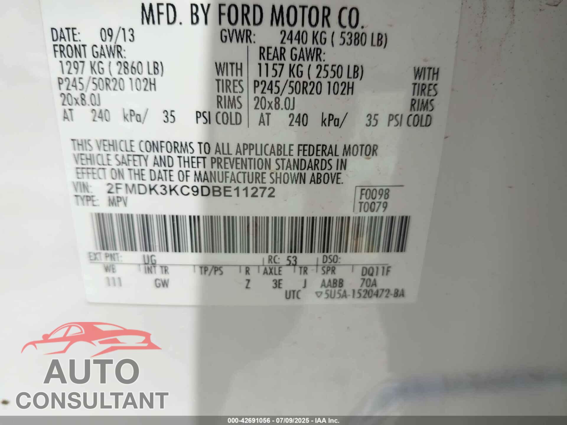 FORD EDGE 2013 - 2FMDK3KC9DBE11272