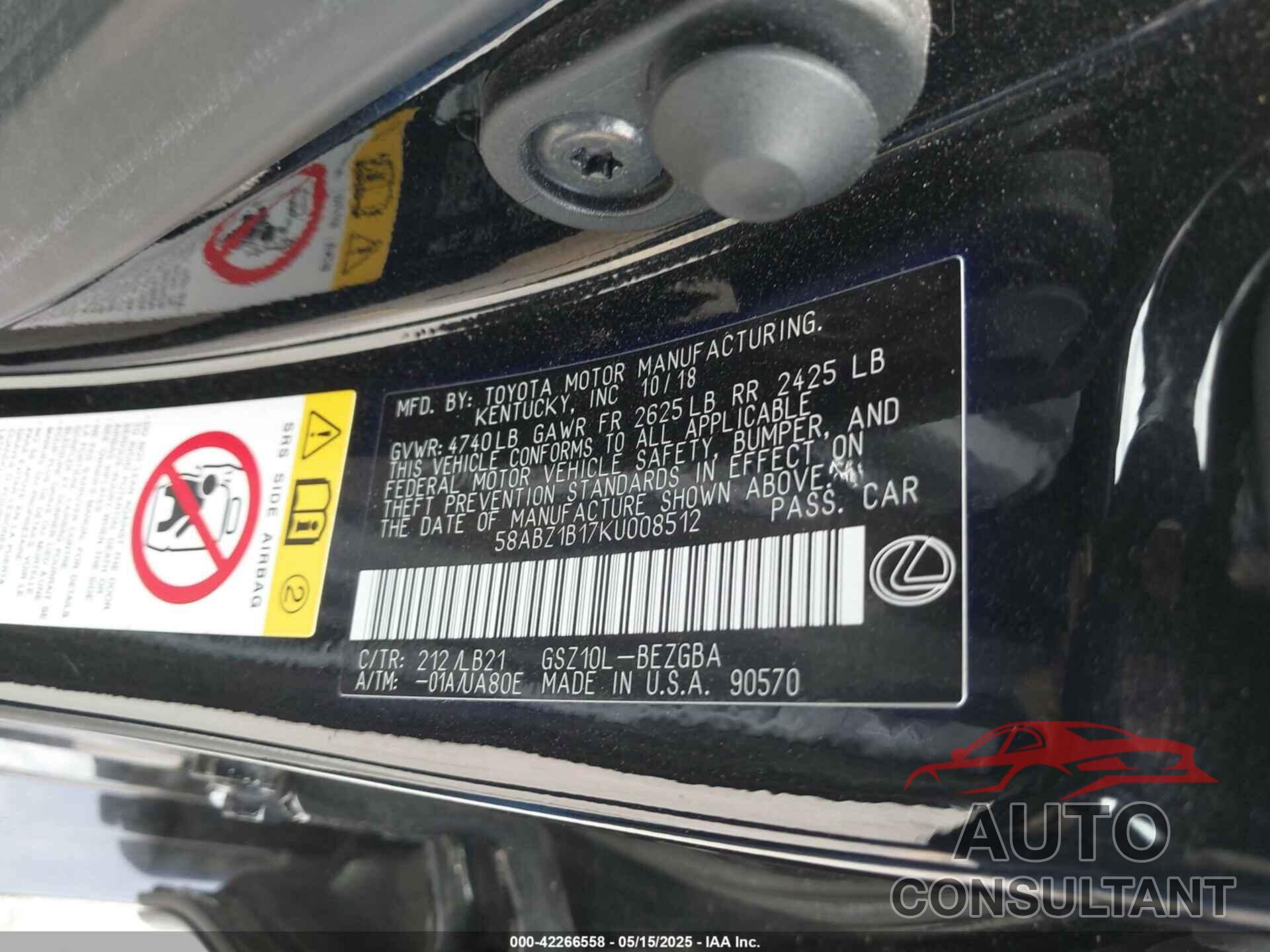 LEXUS ES 350 2019 - 58ABZ1B17KU008512
