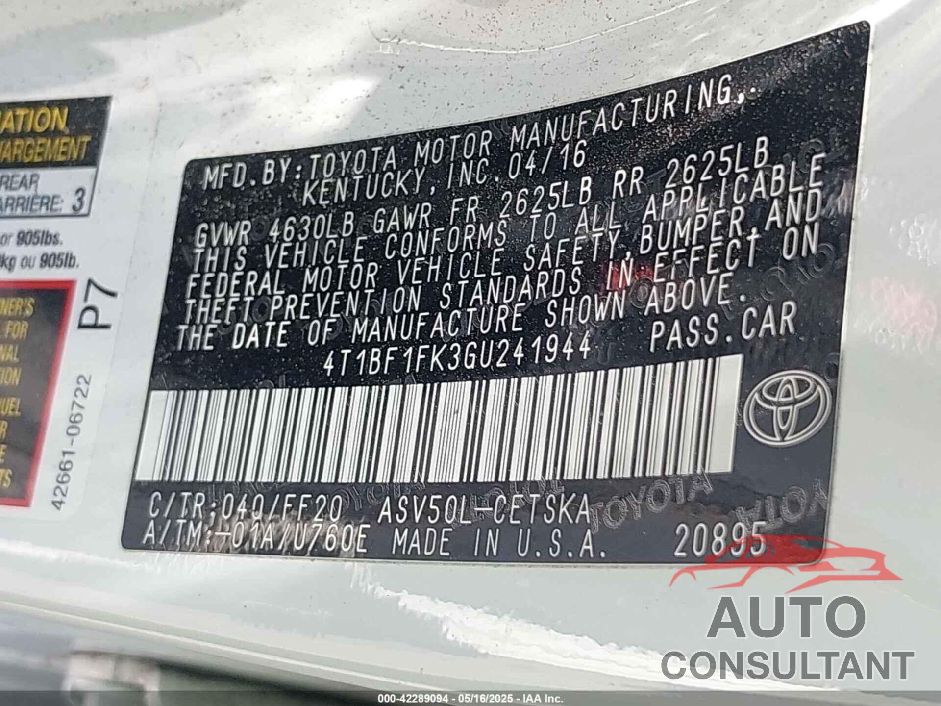 TOYOTA CAMRY 2016 - 4T1BF1FK3GU241944