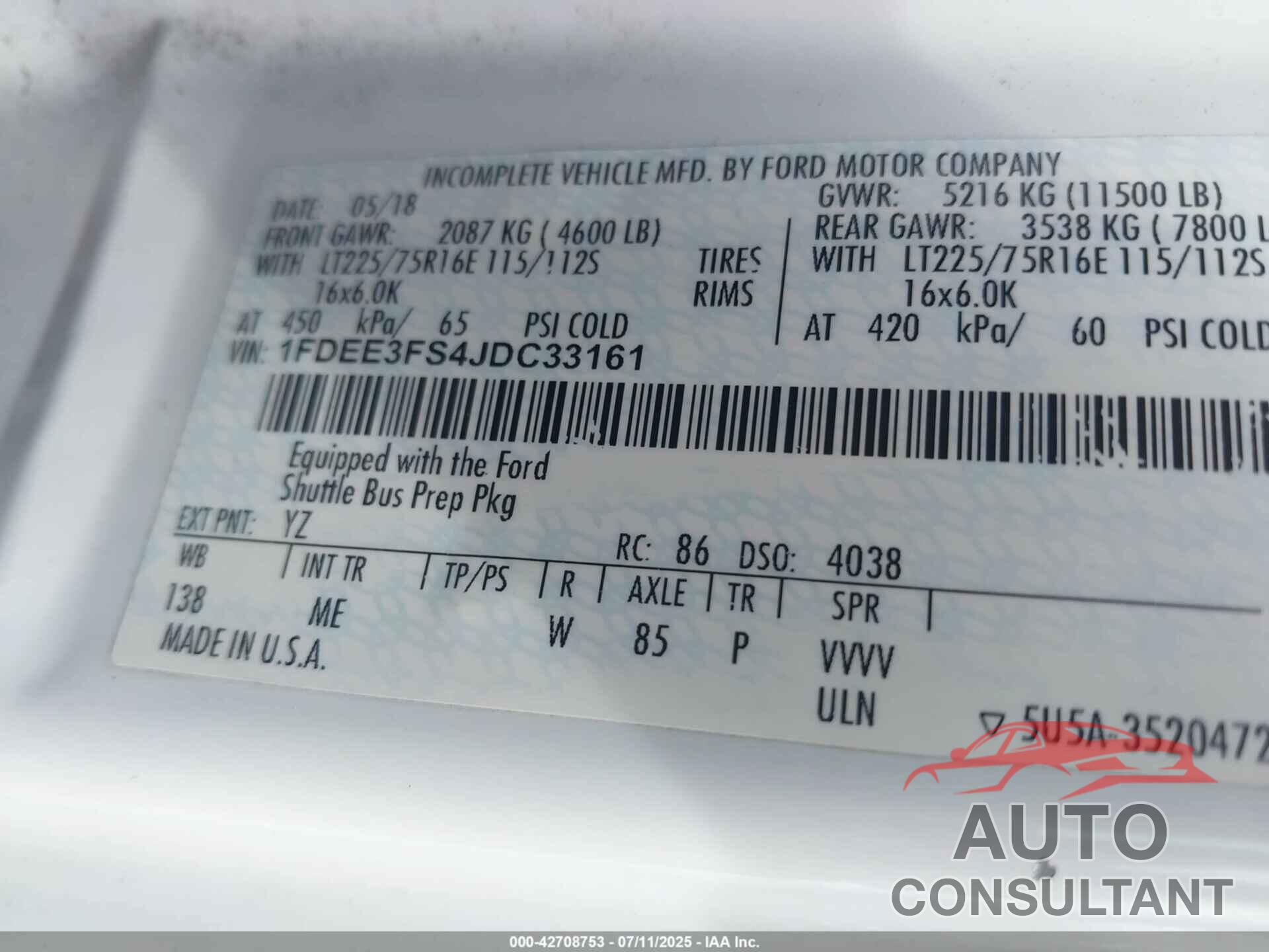 FORD E-350 CUTAWAY 2018 - 1FDEE3FS4JDC33161