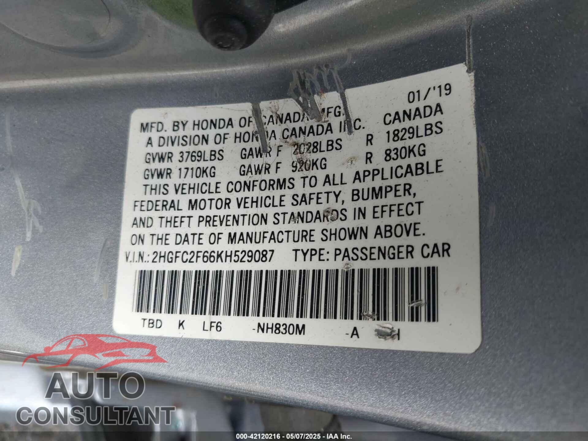 HONDA CIVIC 2019 - 2HGFC2F66KH529087