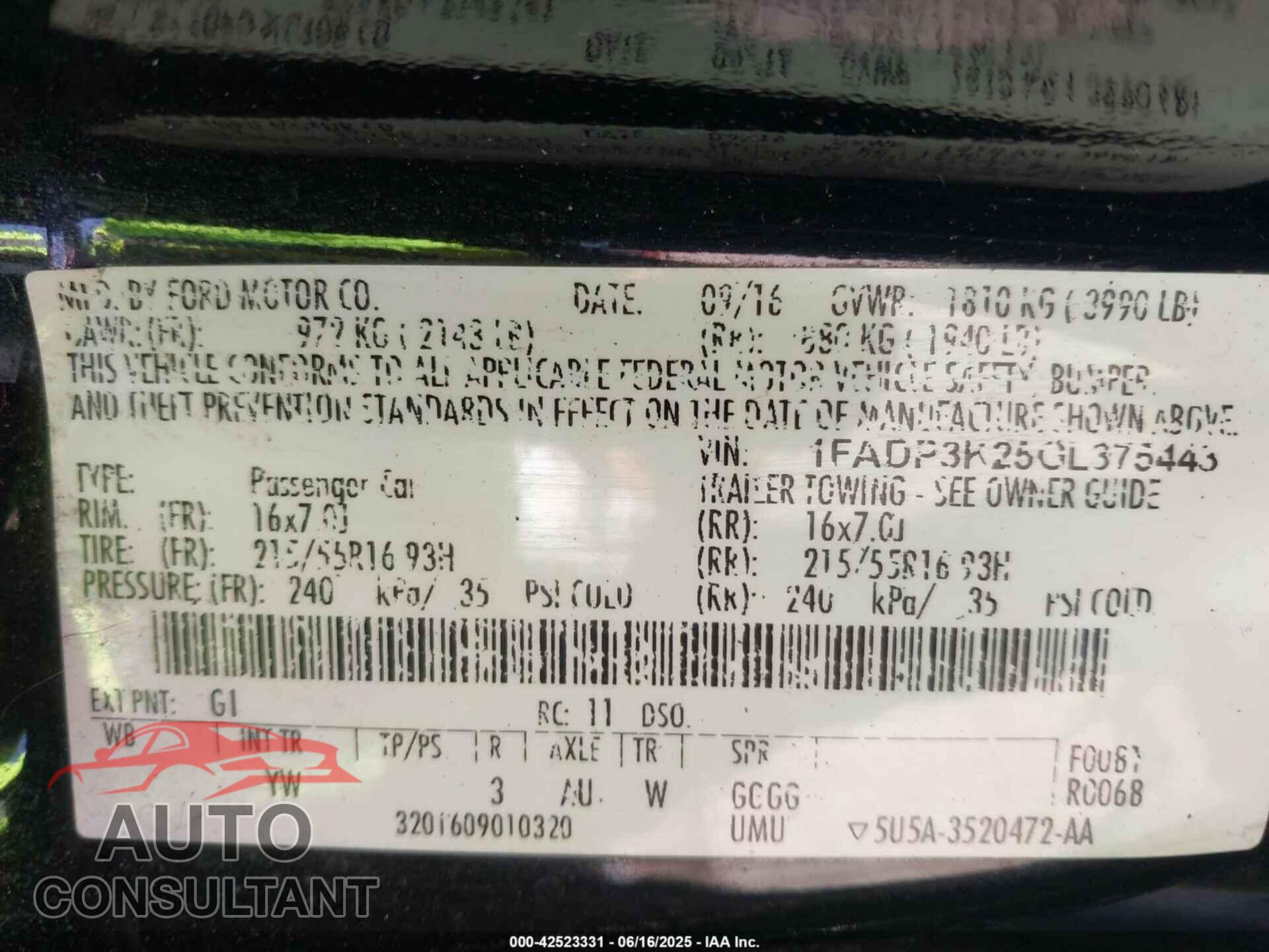 FORD FOCUS 2016 - 1FADP3K25GL375443