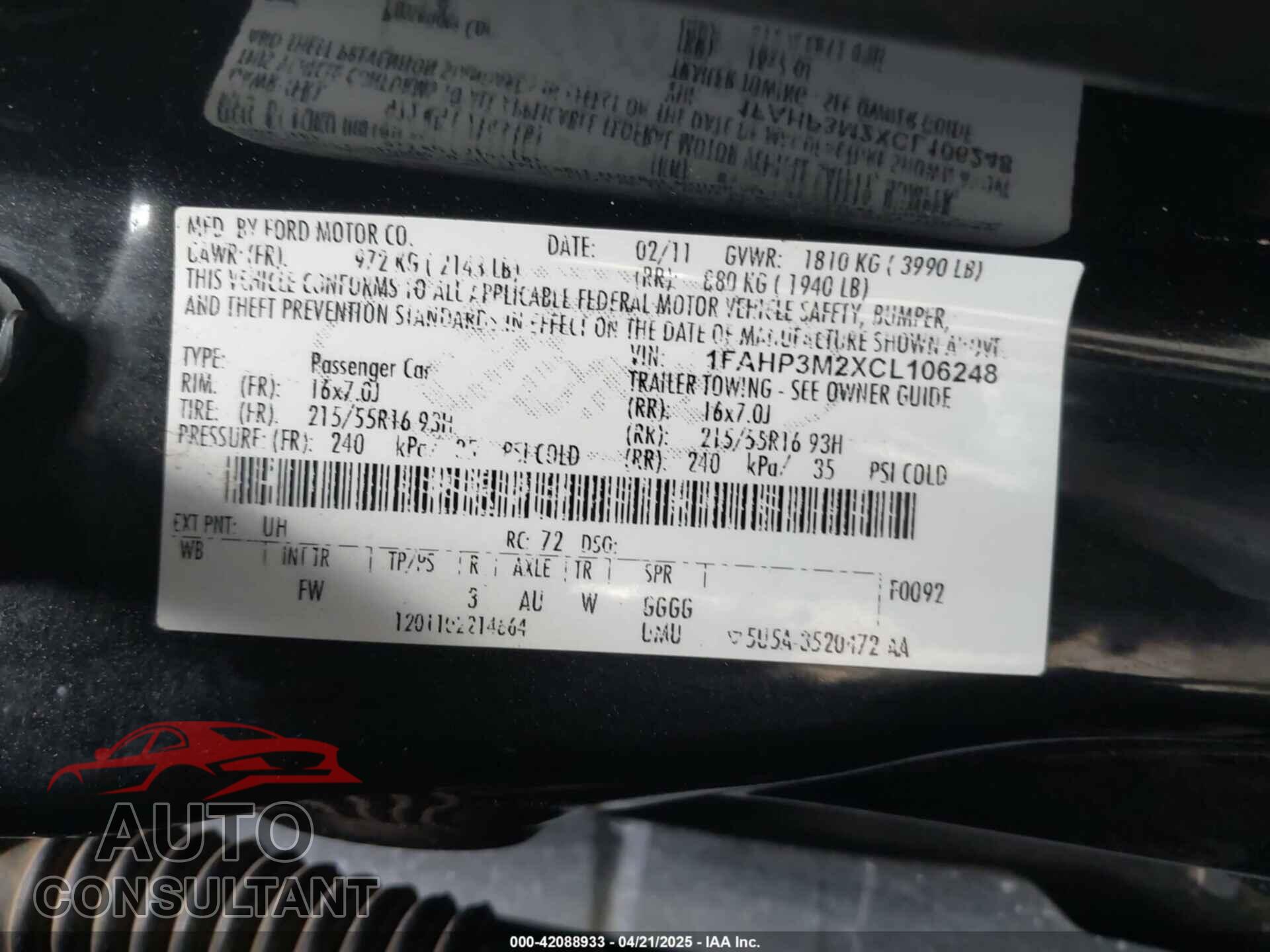 FORD FOCUS 2012 - 1FAHP3M2XCL106248