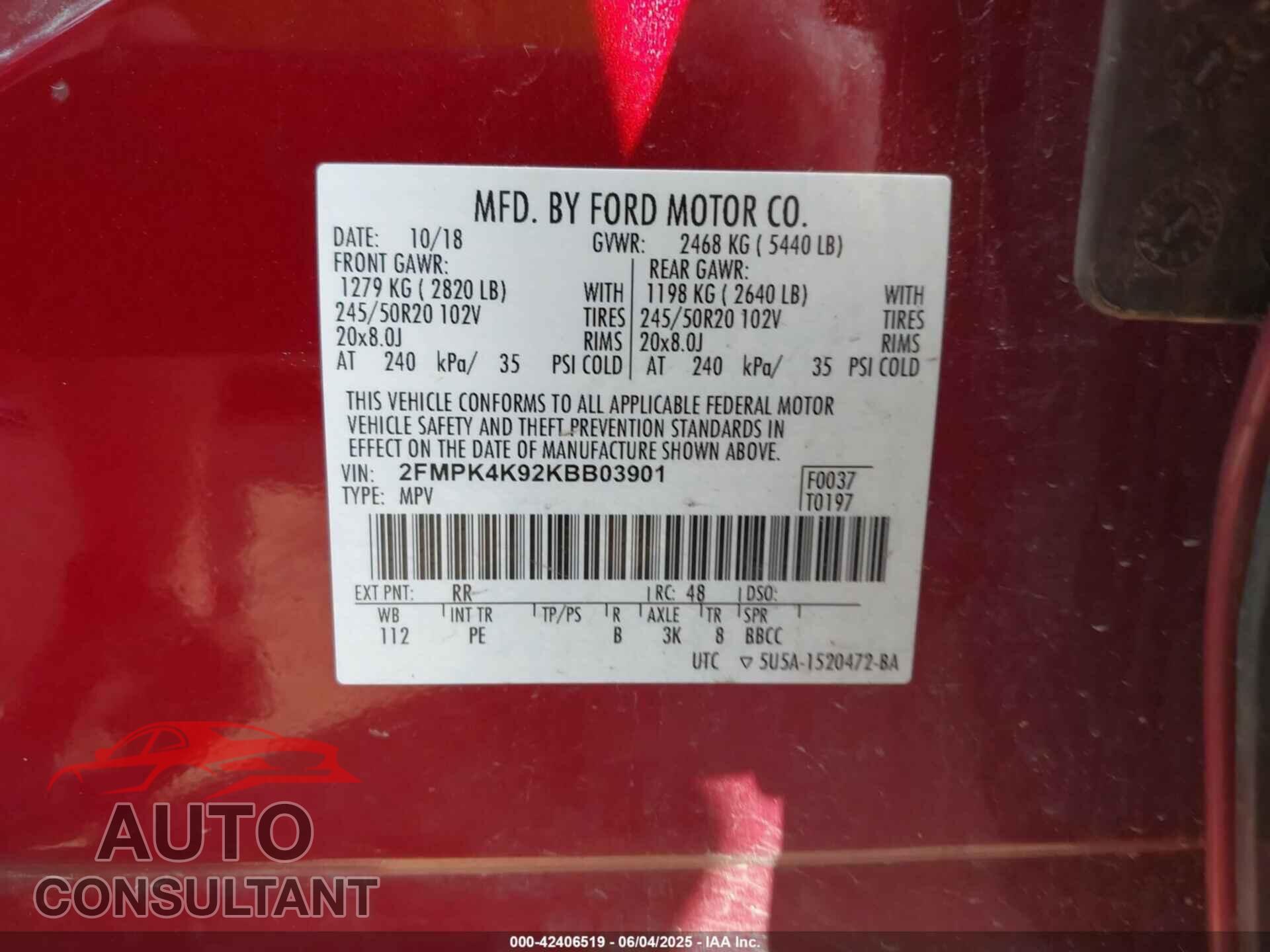 FORD EDGE 2019 - 2FMPK4K92KBB03901