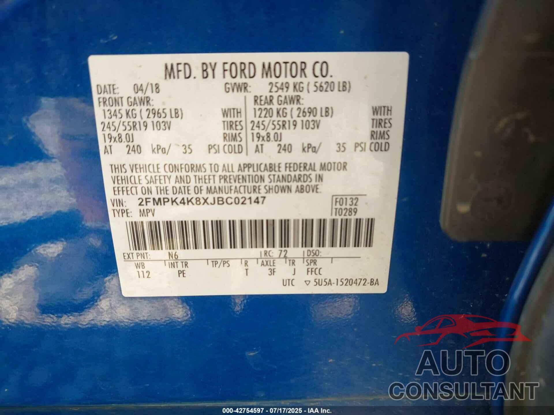 FORD EDGE 2018 - 2FMPK4K8XJBC02147