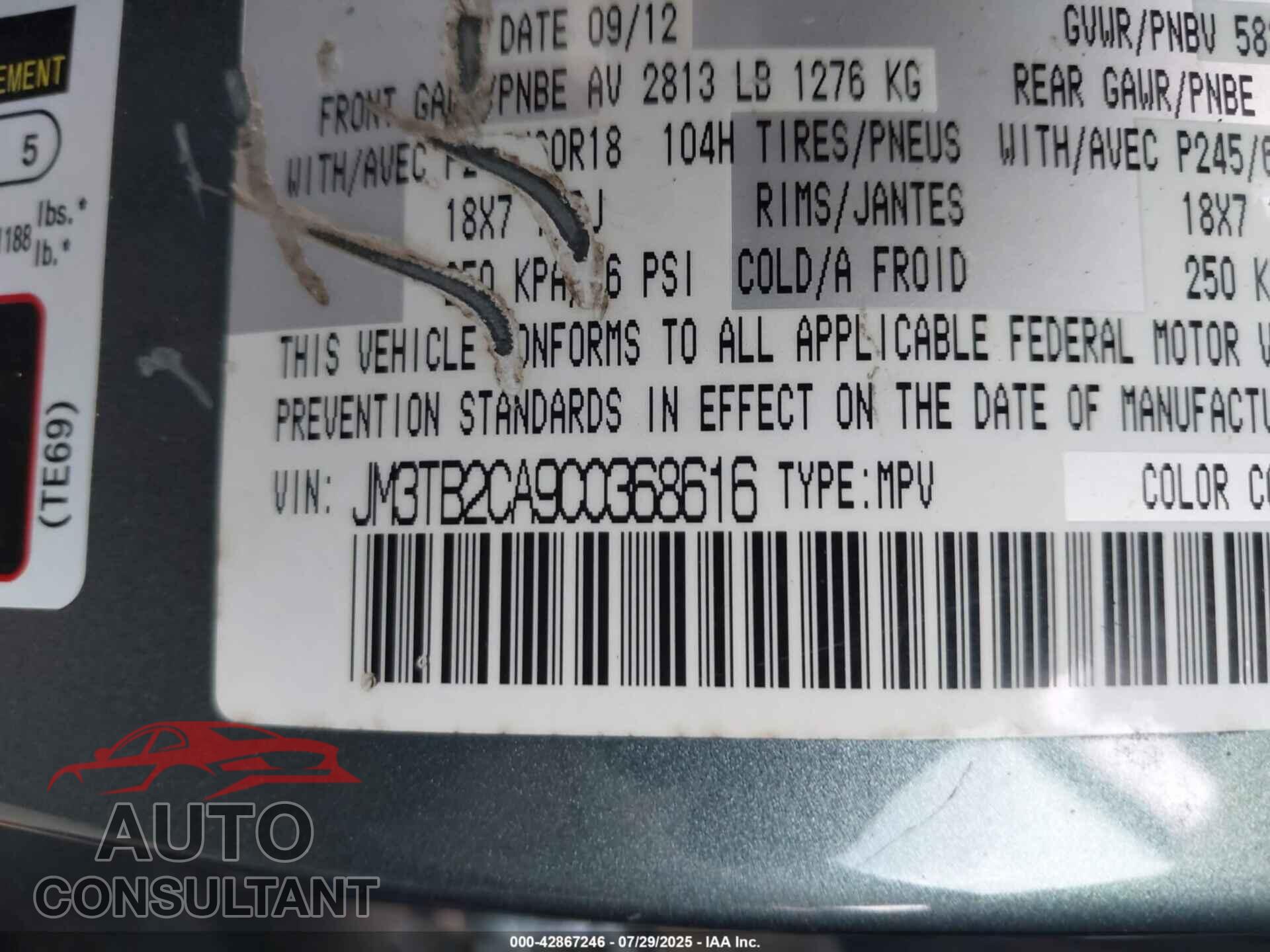 MAZDA CX-9 2012 - JM3TB2CA9C0368616