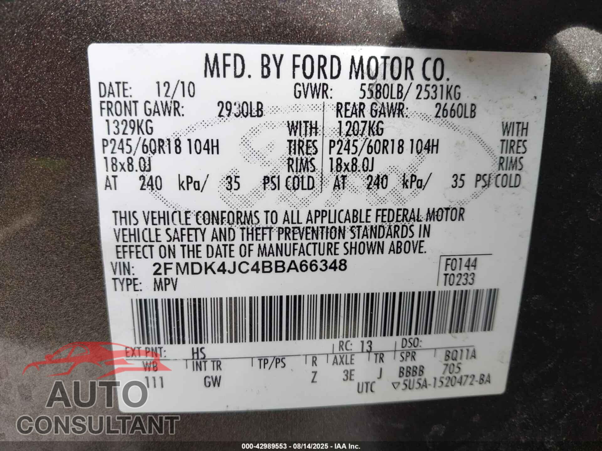 FORD EDGE 2011 - 2FMDK4JC4BBA66348