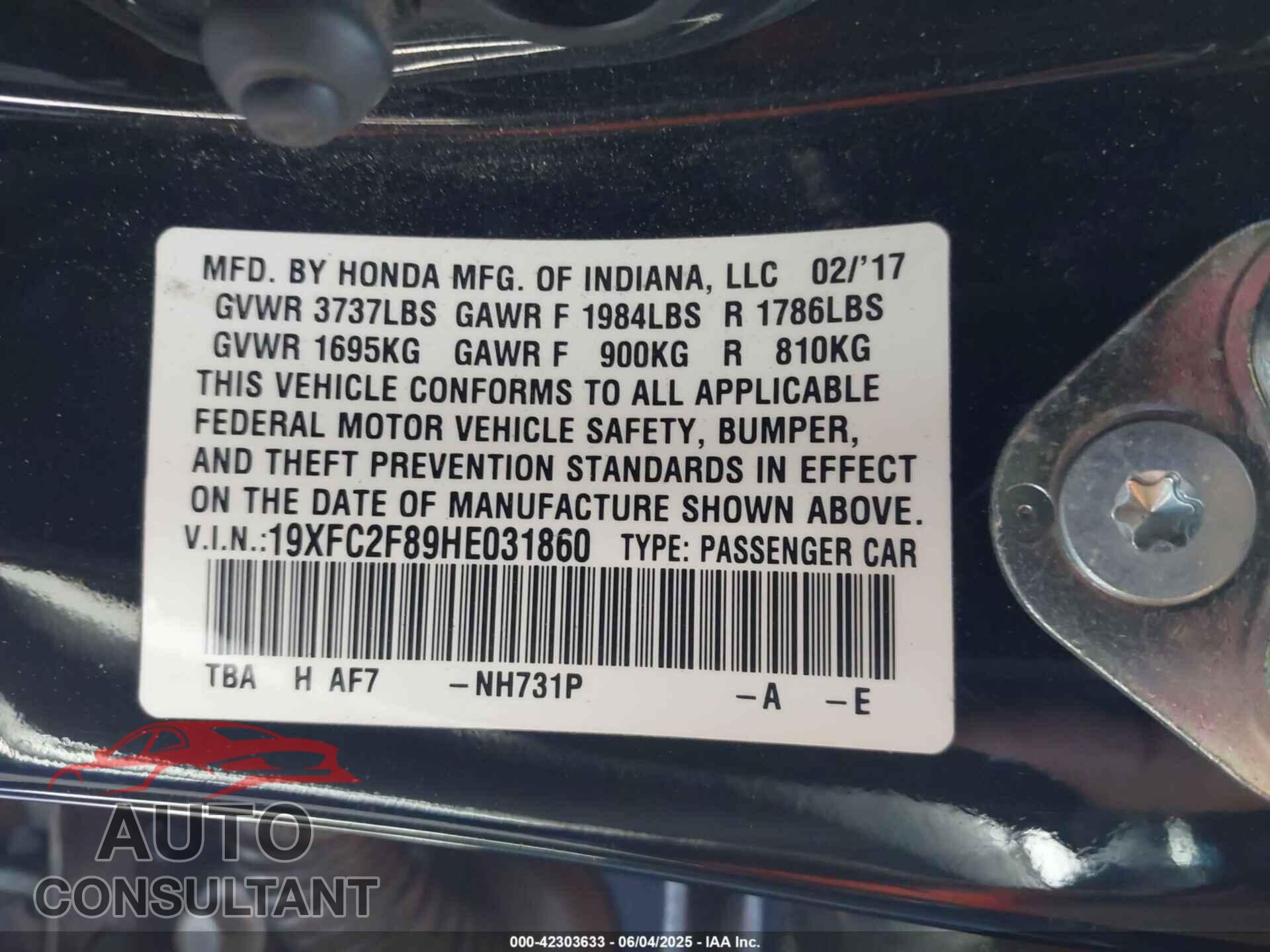 HONDA CIVIC 2017 - 19XFC2F89HE031860