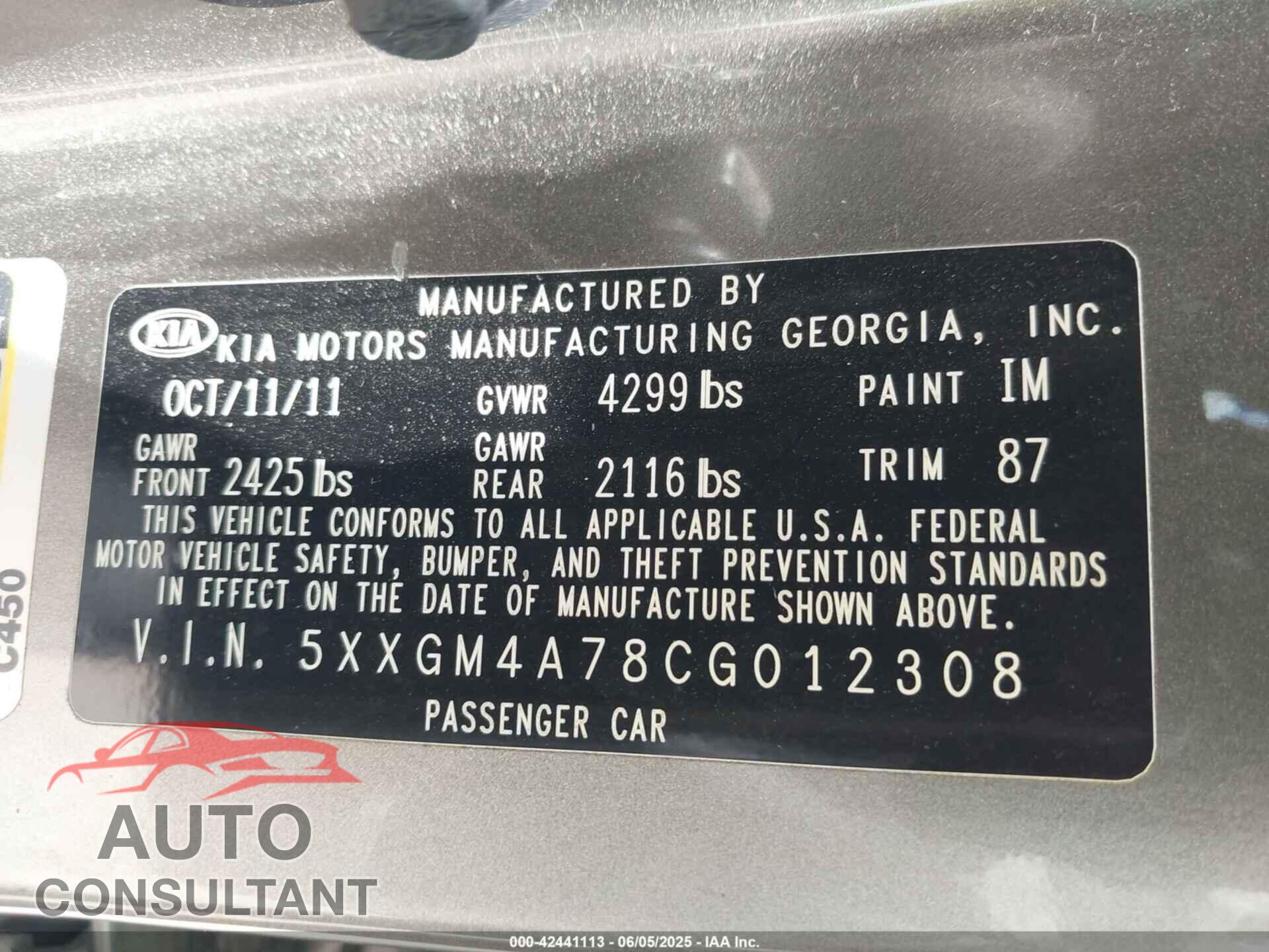 KIA OPTIMA 2012 - 5XXGM4A78CG012308