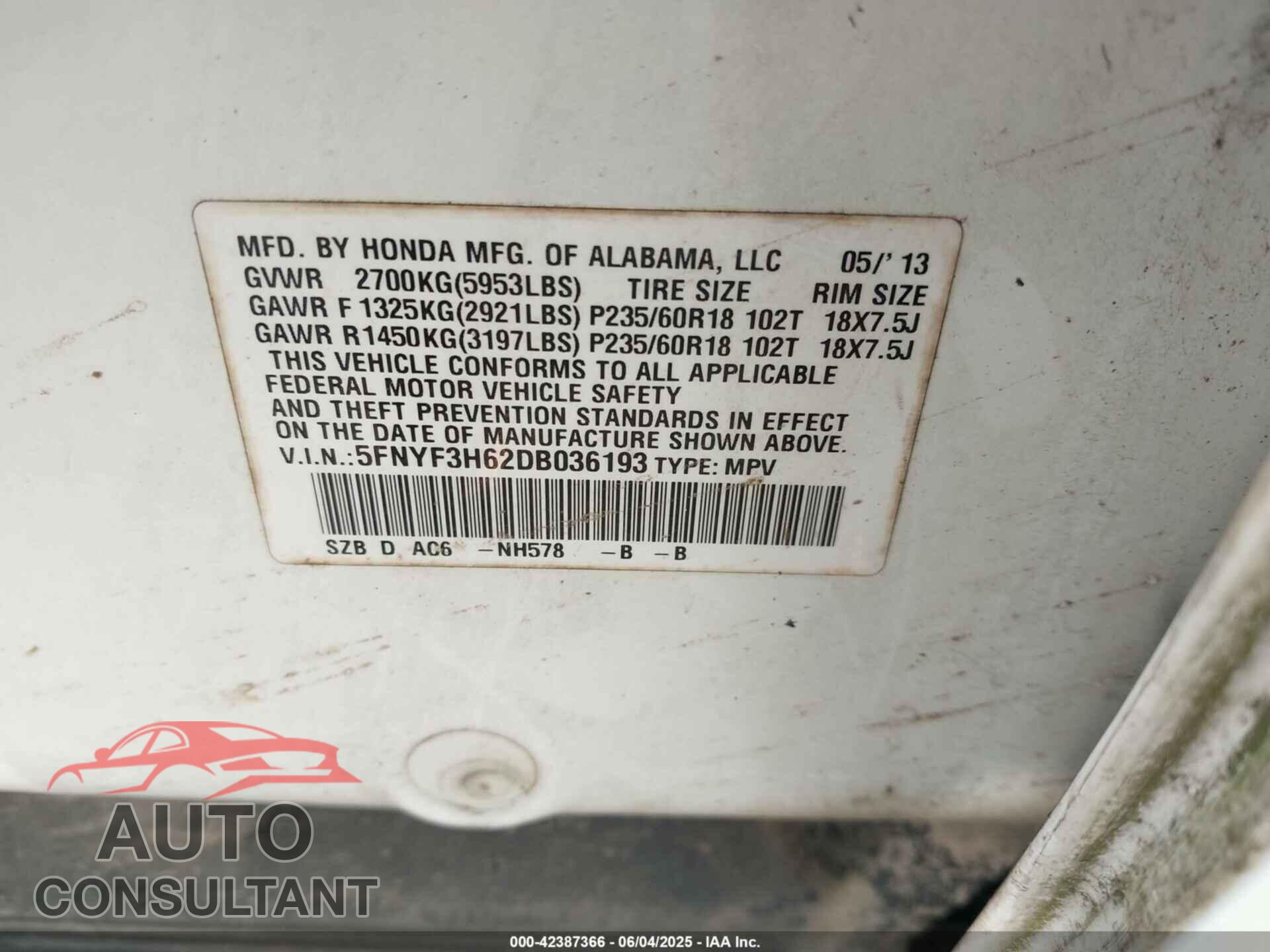 HONDA PILOT 2013 - 5FNYF3H62DB036193
