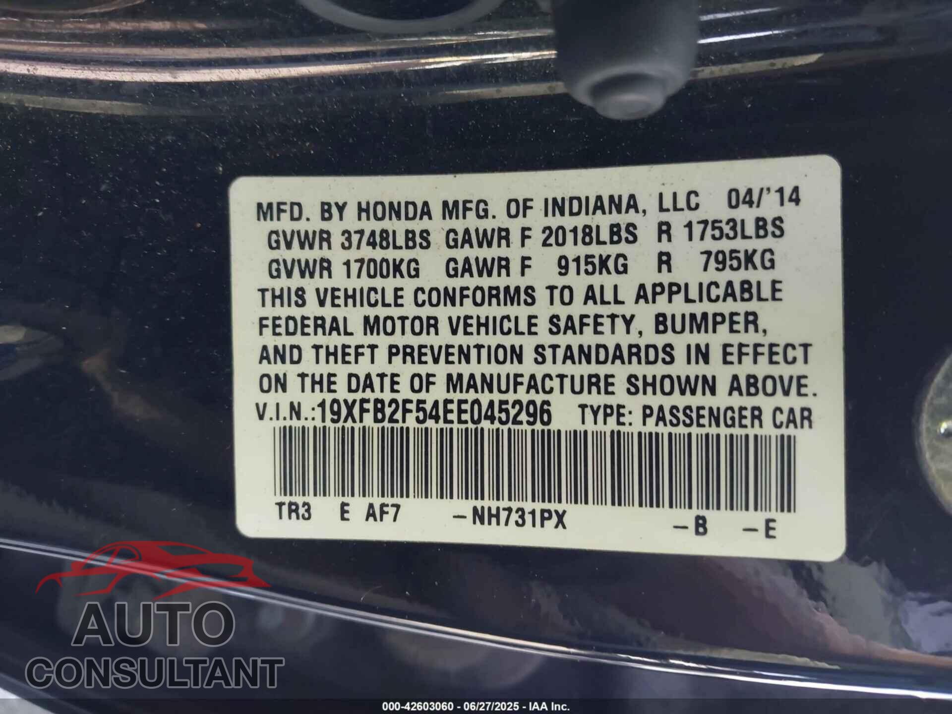 HONDA CIVIC 2014 - 19XFB2F54EE045296