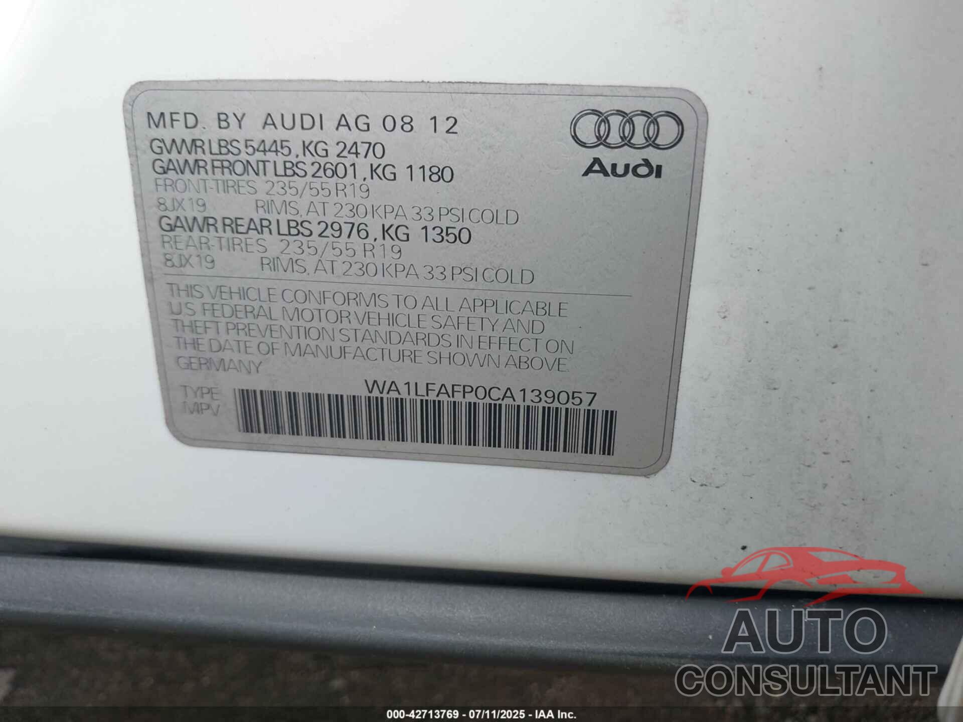 AUDI Q5 2012 - WA1LFAFP0CA139057