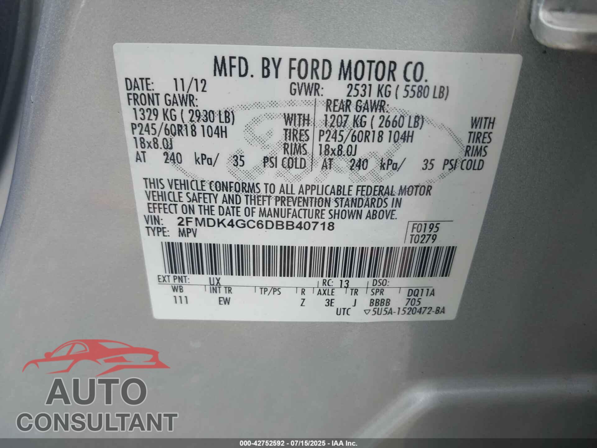 FORD EDGE 2013 - 2FMDK4GC6DBB40718