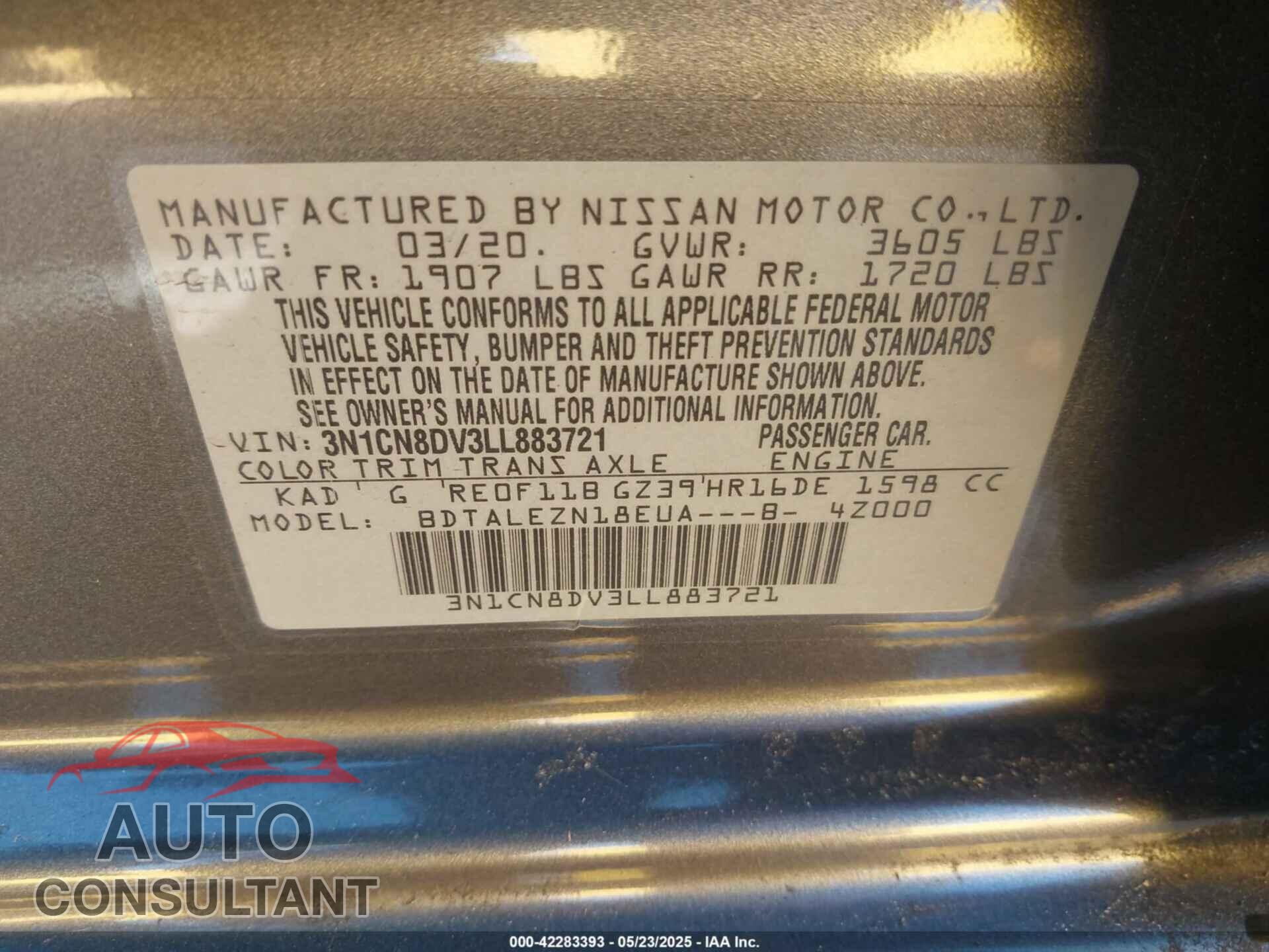 NISSAN VERSA 2020 - 3N1CN8DV3LL883721