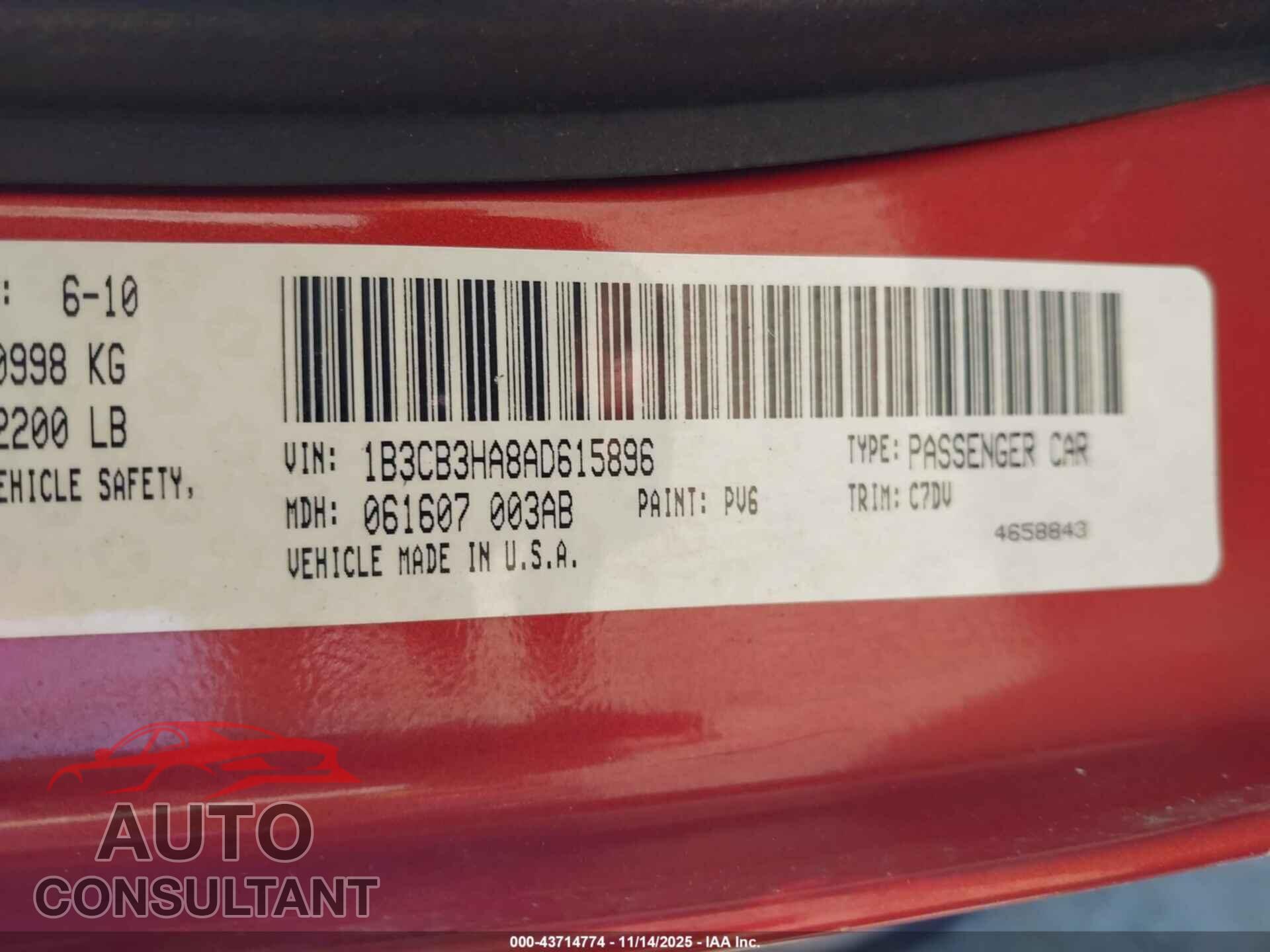 DODGE CALIBER 2010 - 1B3CB3HA8AD615896