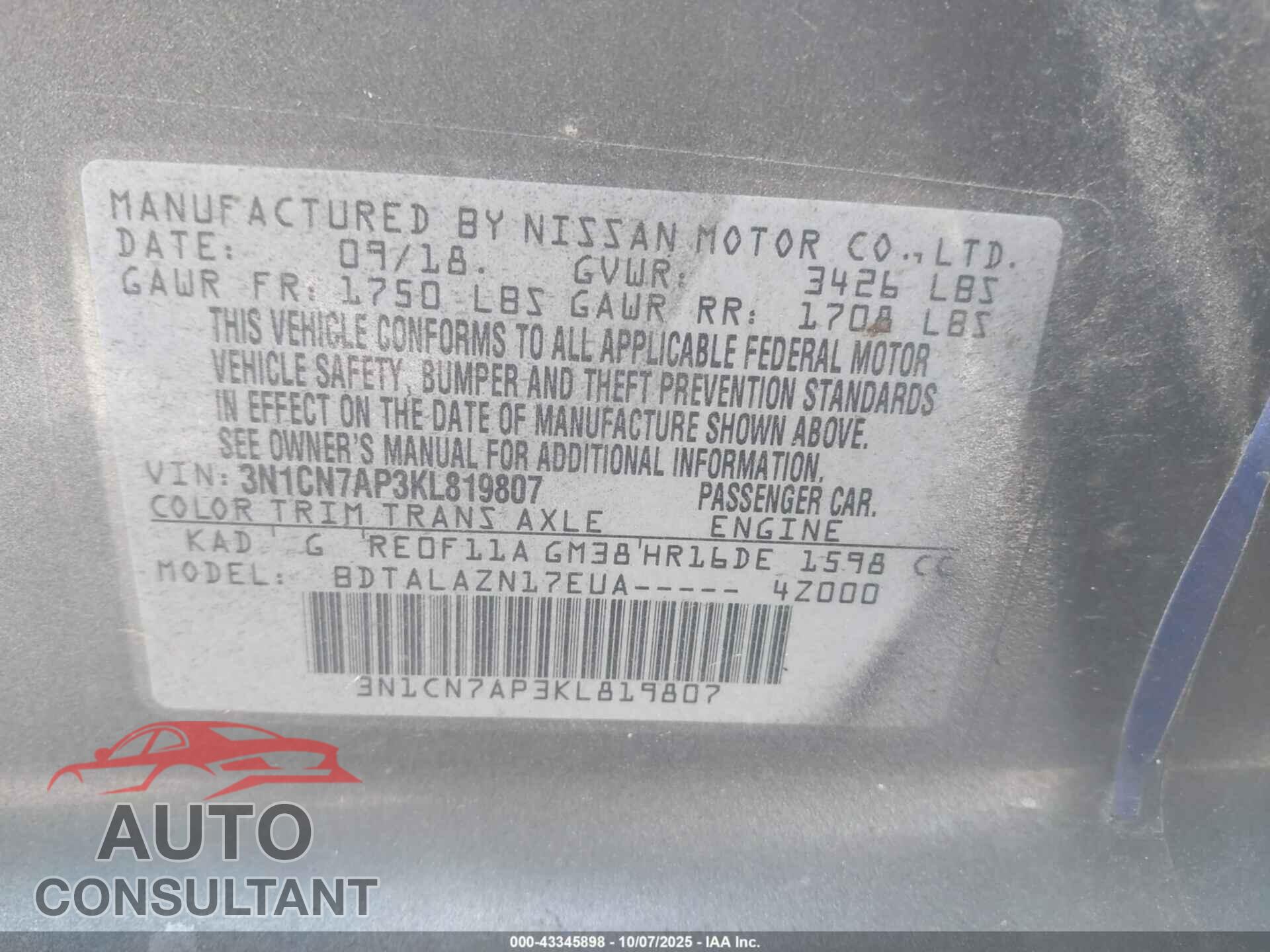 NISSAN VERSA 2019 - 3N1CN7AP3KL819807