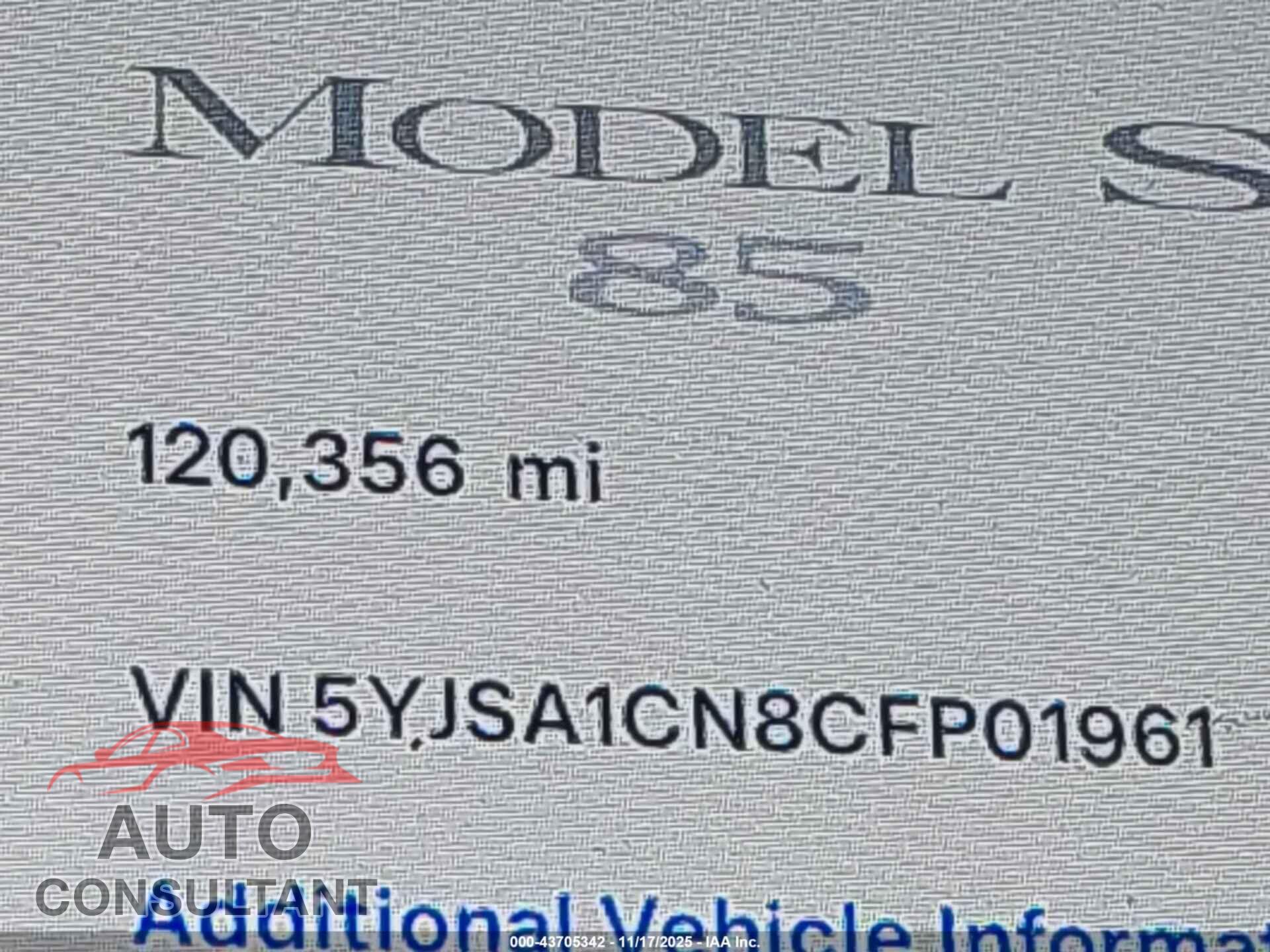 TESLA MODEL S 2012 - 5YJSA1CN8CFP01961