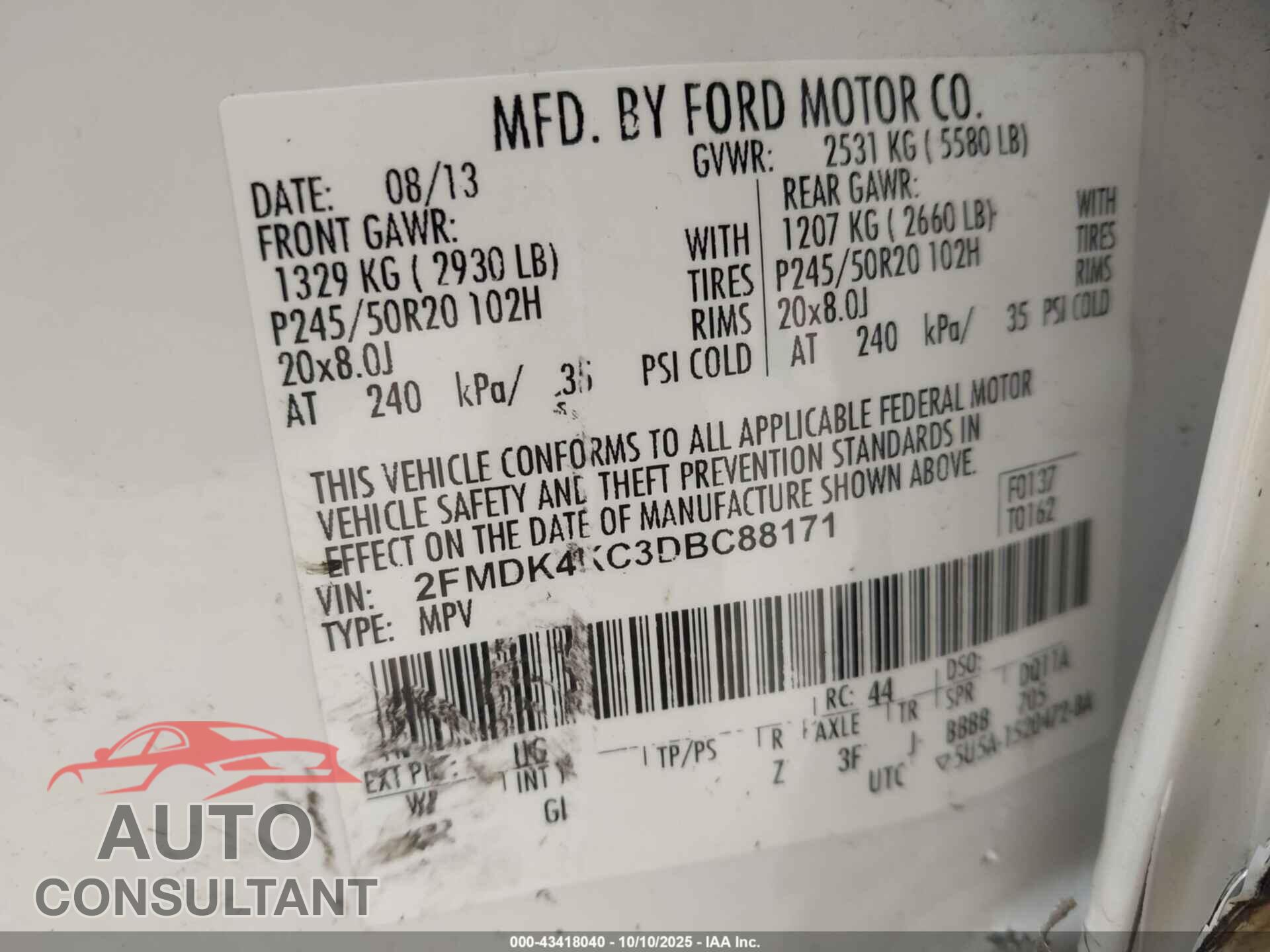 FORD EDGE 2013 - 2FMDK4KC3DBC88171