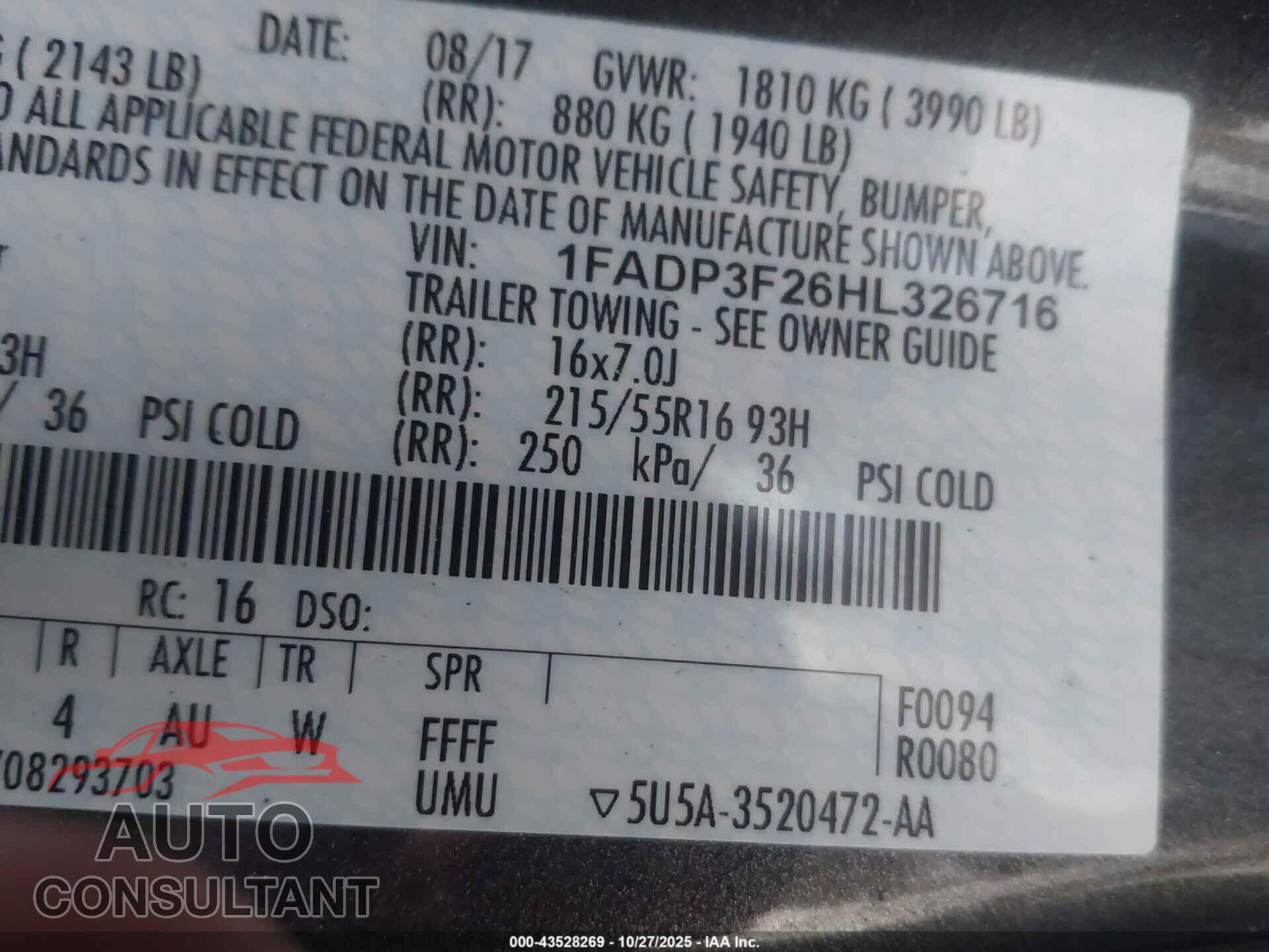 FORD FOCUS 2017 - 1FADP3F26HL326716
