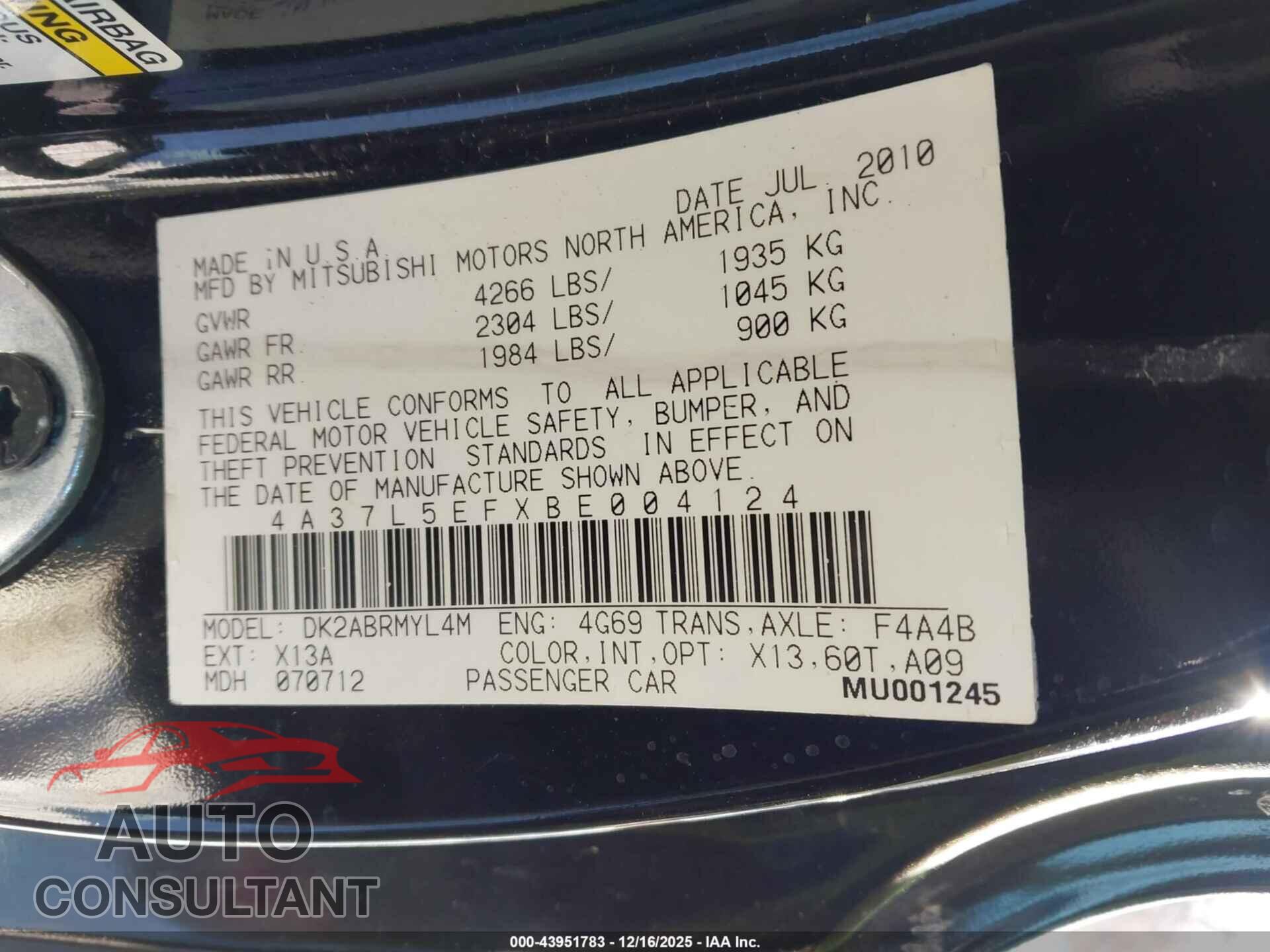 MITSUBISHI ECLIPSE SPYDER 2011 - 4A37L5EFXBE004124