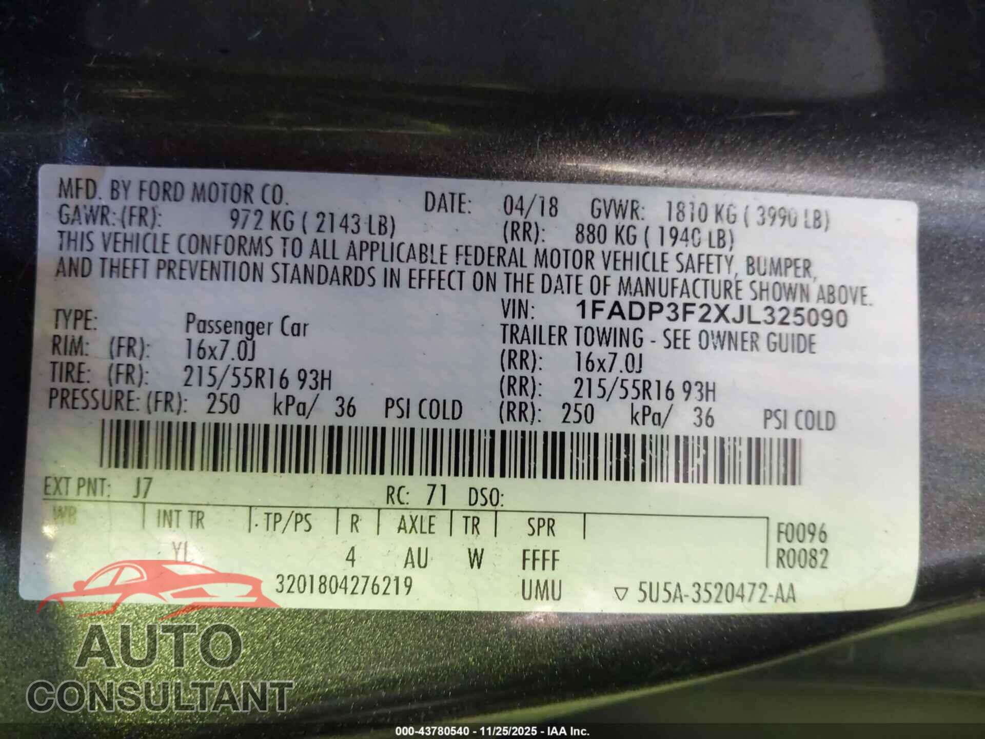 FORD FOCUS 2018 - 1FADP3F2XJL325090