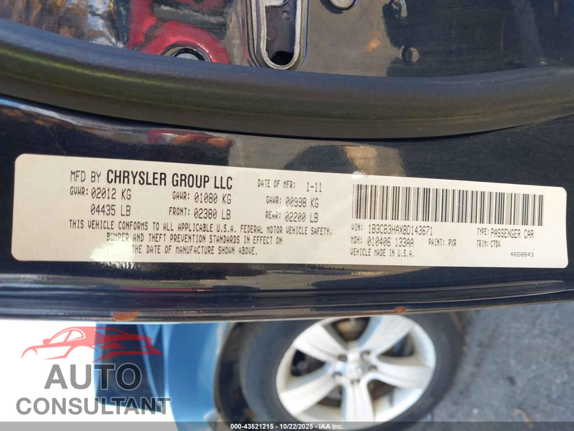 DODGE CALIBER 2011 - 1B3CB3HAXBD143671