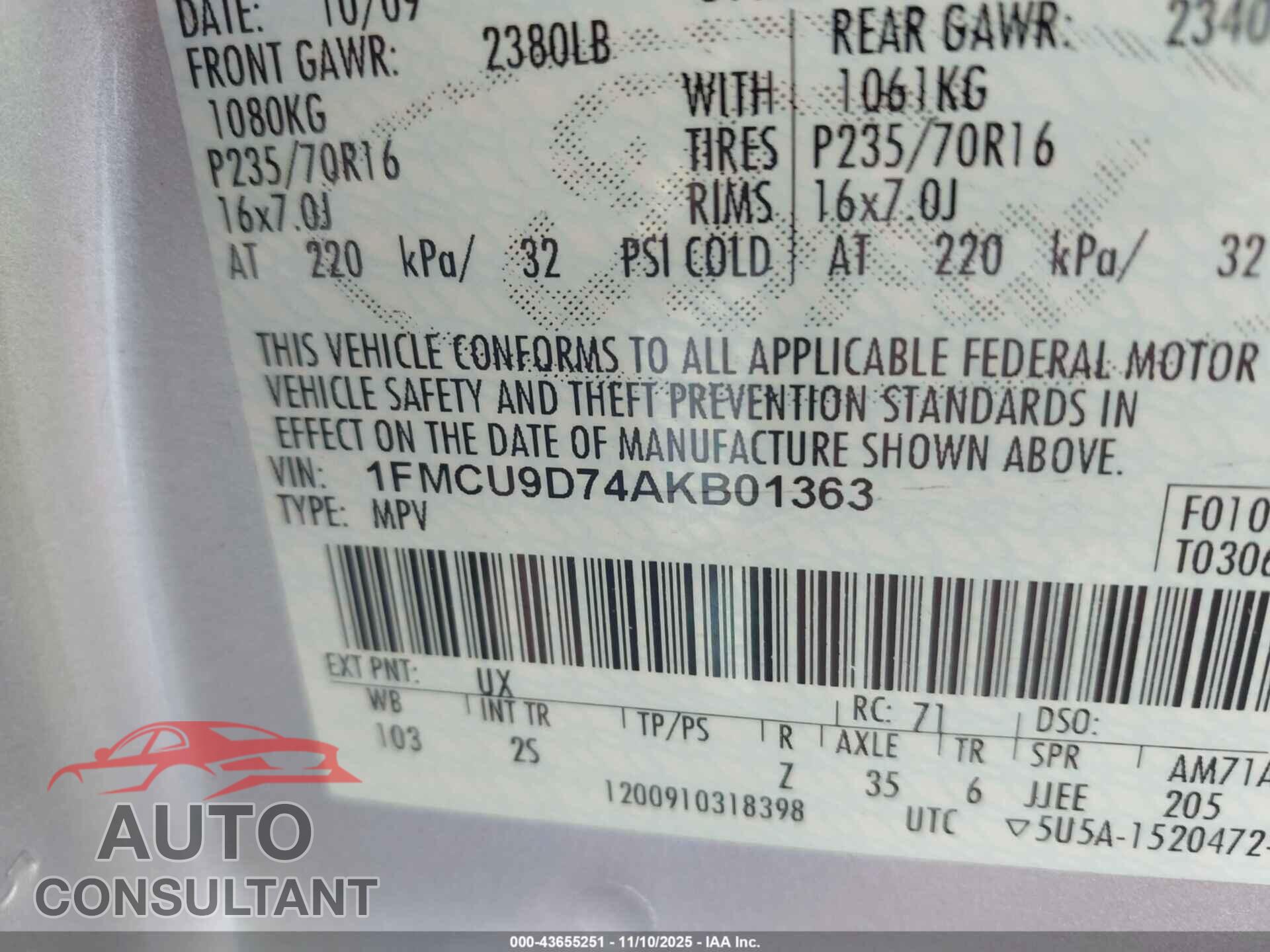 FORD ESCAPE 2010 - 1FMCU9D74AKB01363