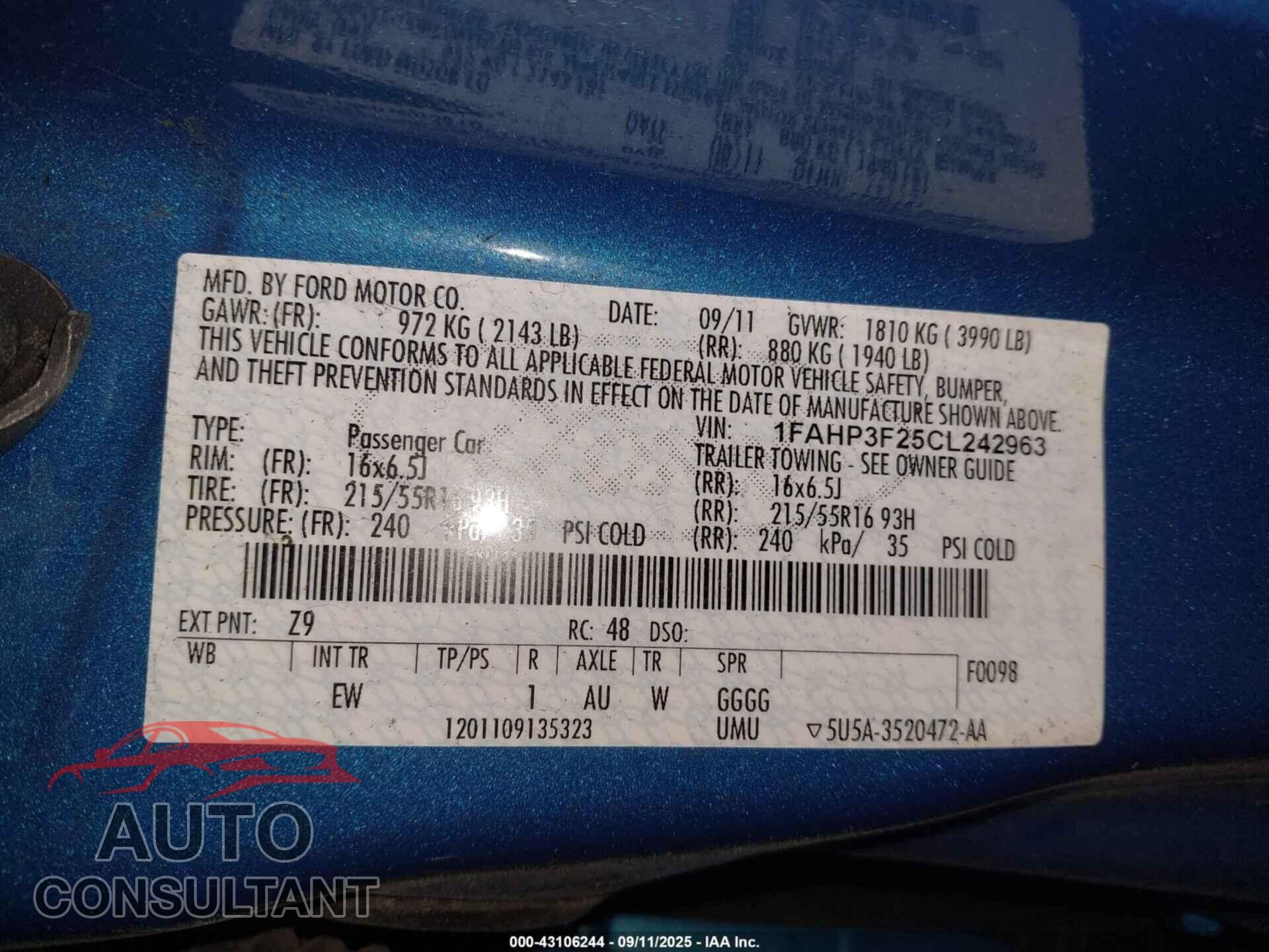 FORD FOCUS 2012 - 1FAHP3F25CL242963