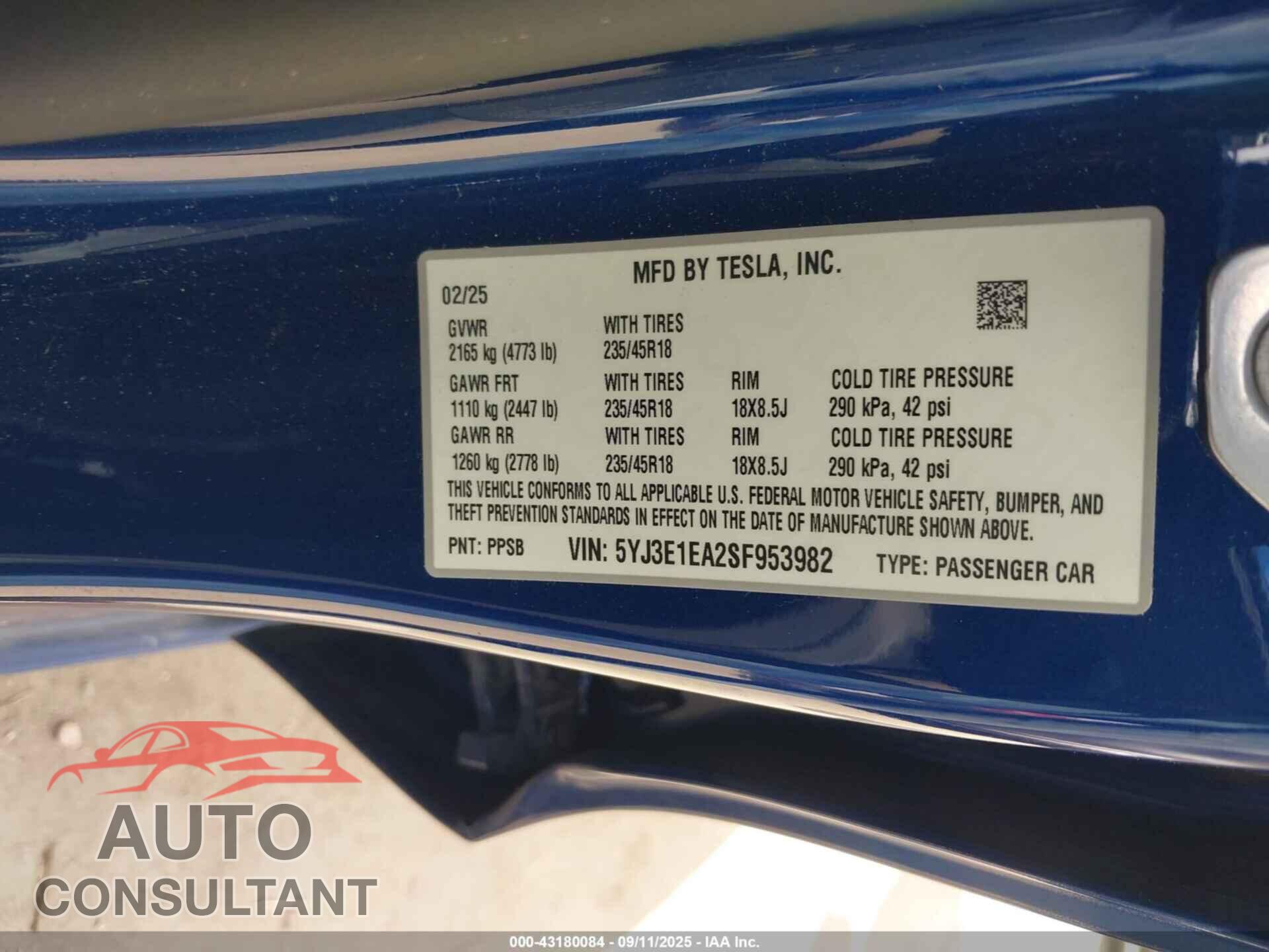 TESLA MODEL 3 2025 - 5YJ3E1EA2SF953982